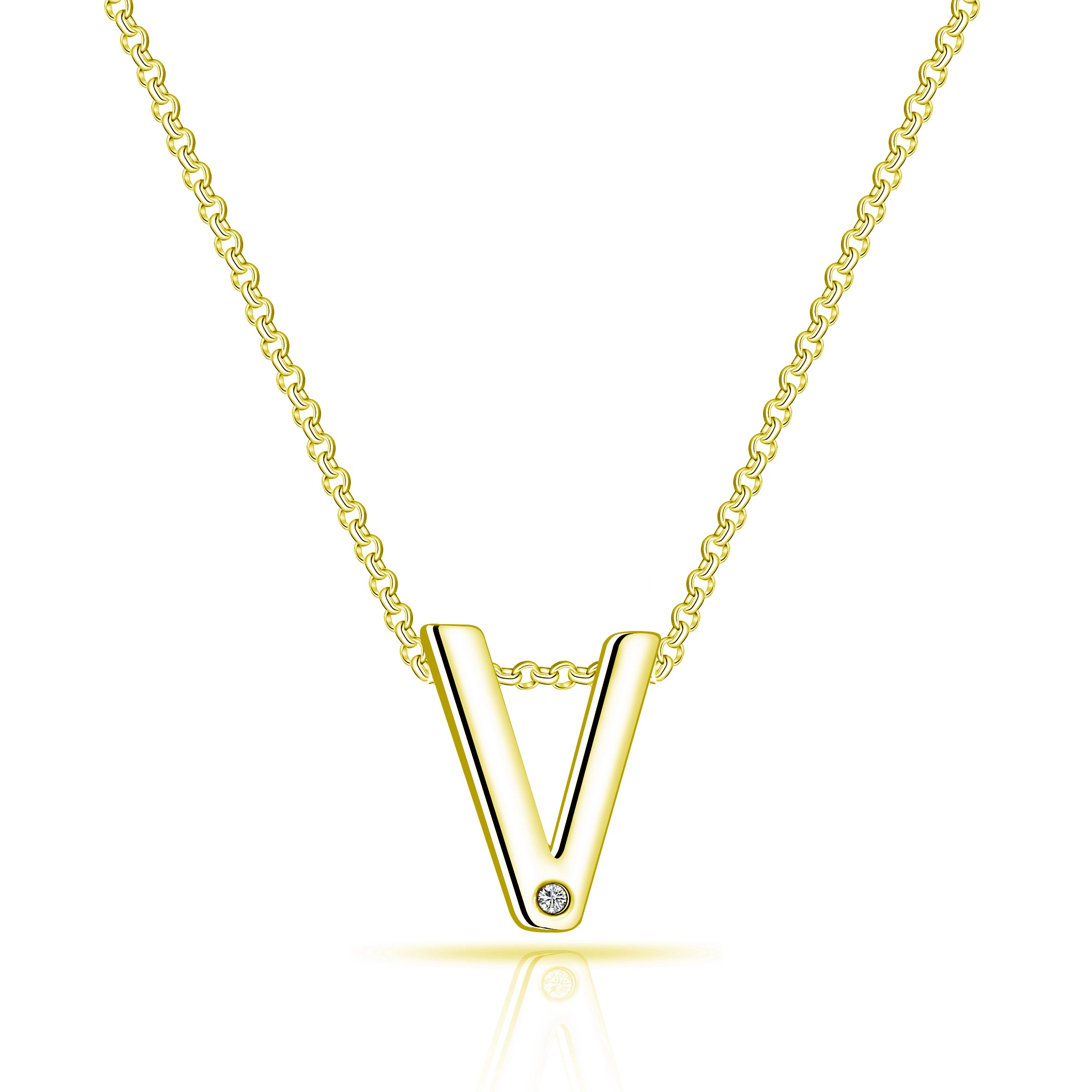 Gold Plated Initial Necklace Letter V Created with Zircondia® Crystals