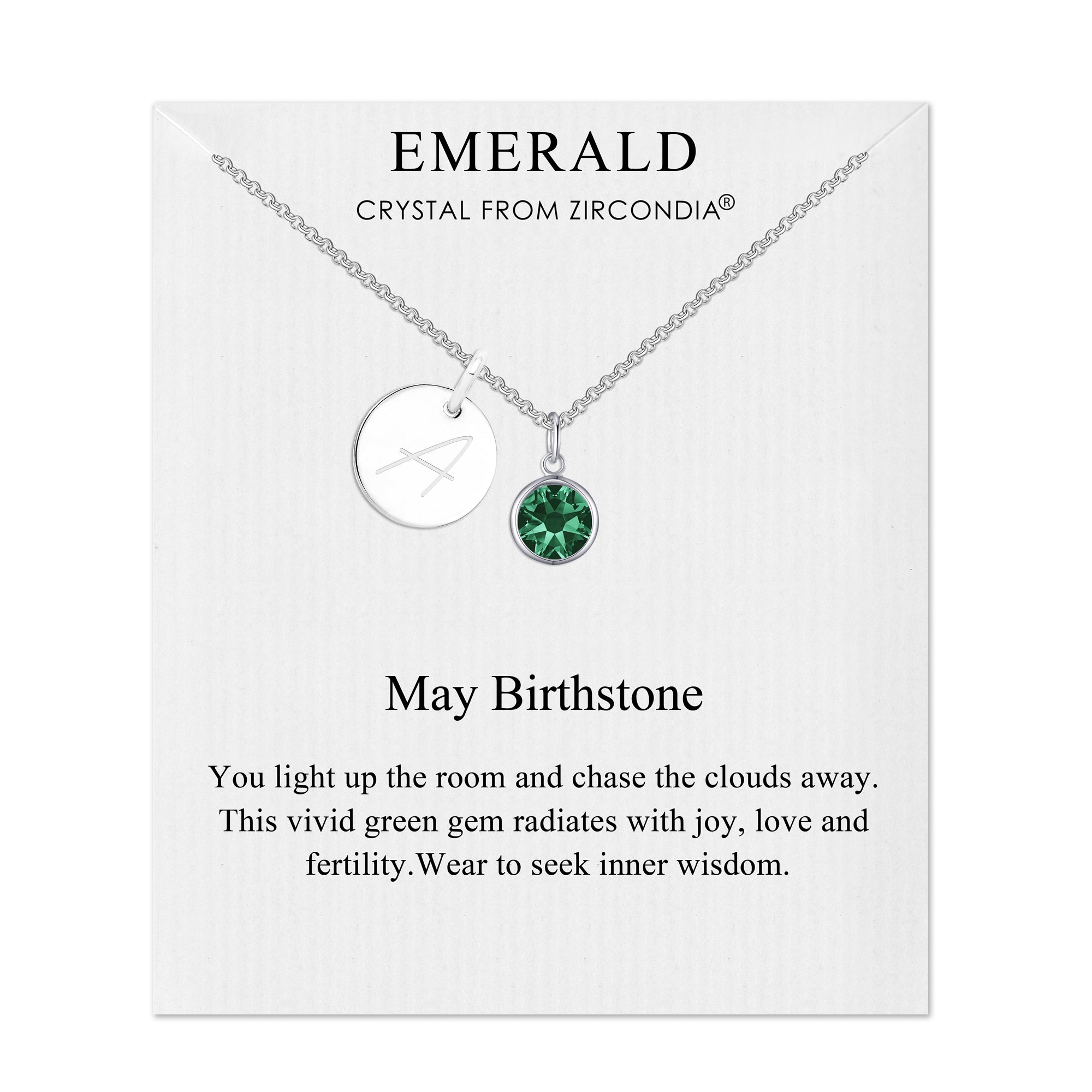May Initial Birthstone Necklace Created with Zircondia® Crystals