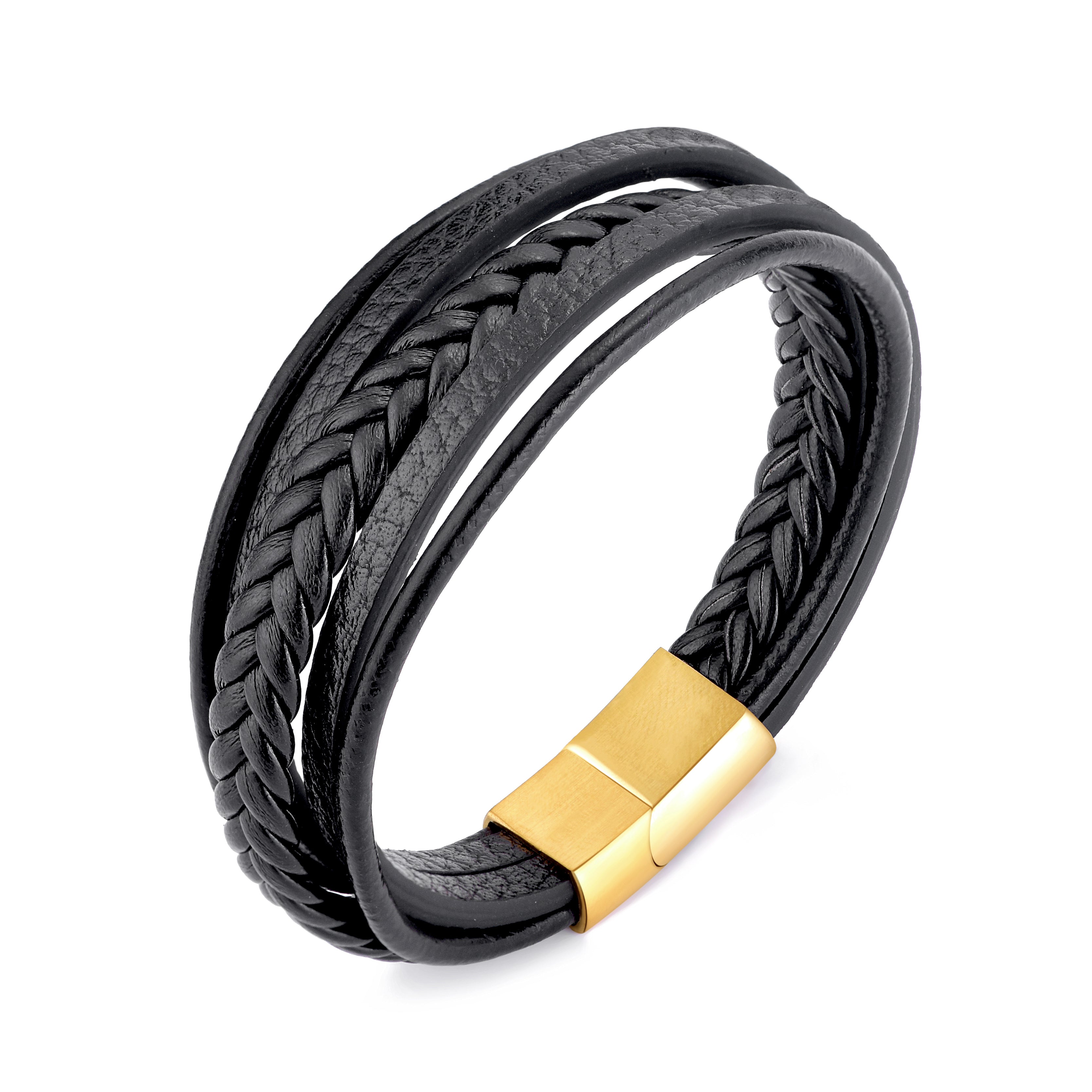Men's Genuine Black Leather Bracelet with Gold Plated Stainless Steel Clasp by Philip Jones Jewellery