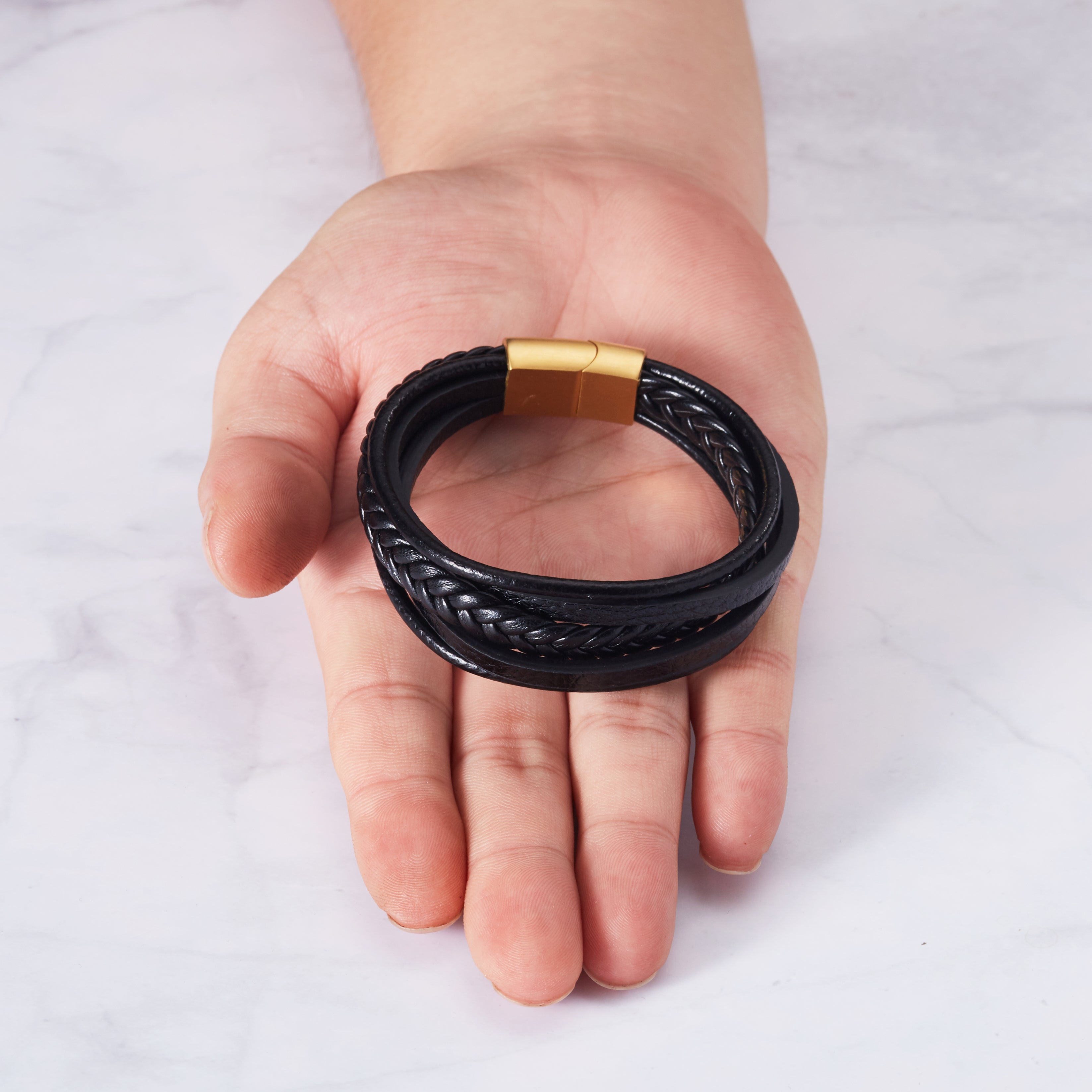 Men's Genuine Black Leather Bracelet with Gold Plated Clasp