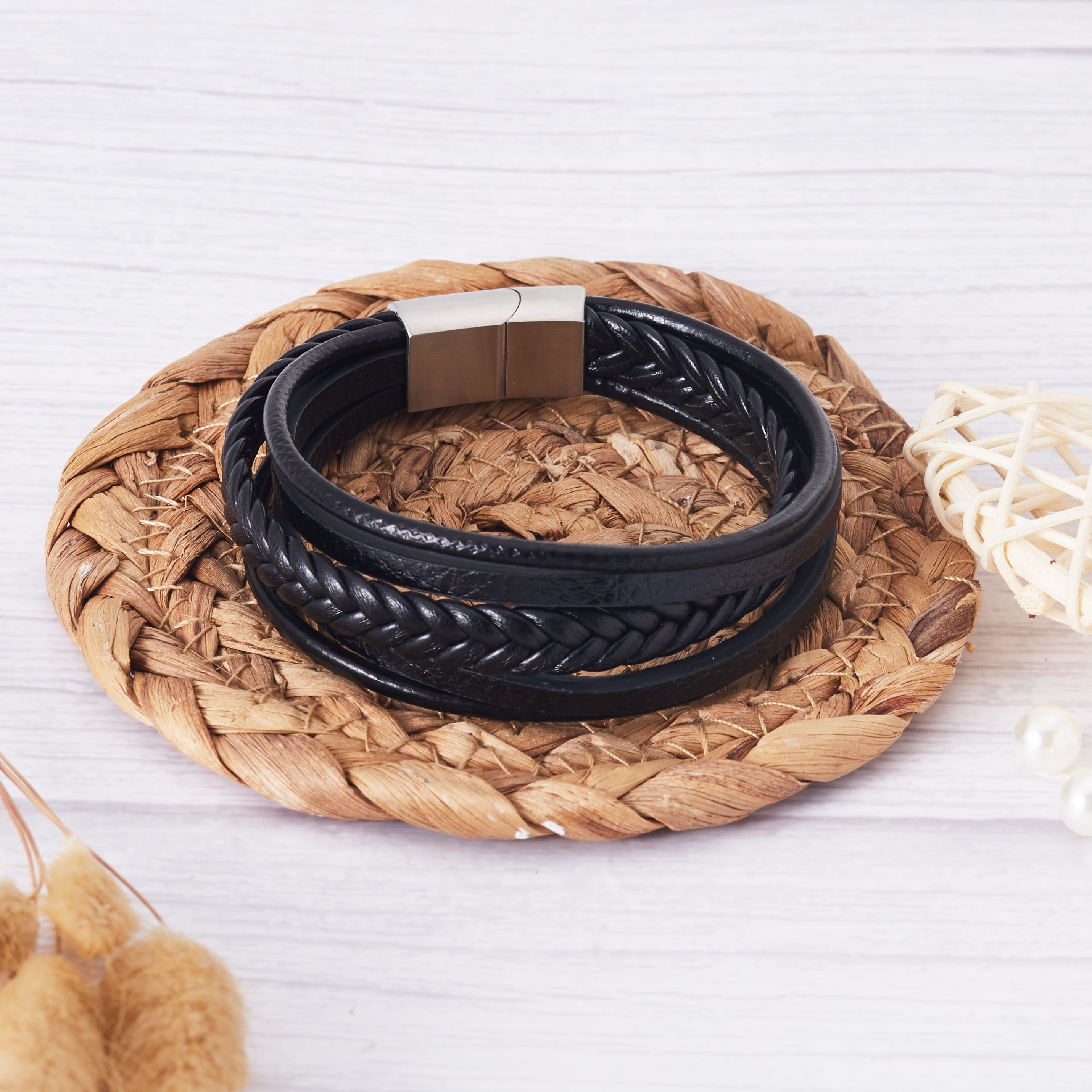 Men's Genuine Black Leather Bracelet with Steel Clasp