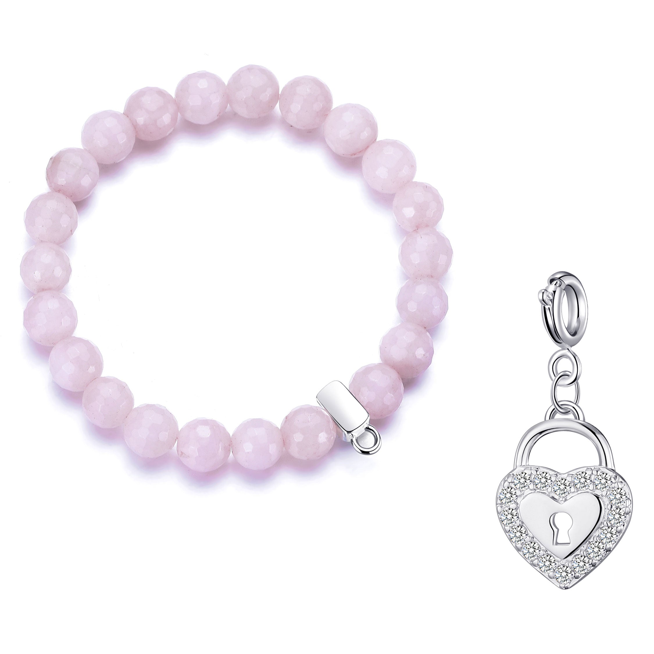 Faceted Rose Quartz Gemstone Stretch Bracelet with Charm Created with Zircondia® Crystals