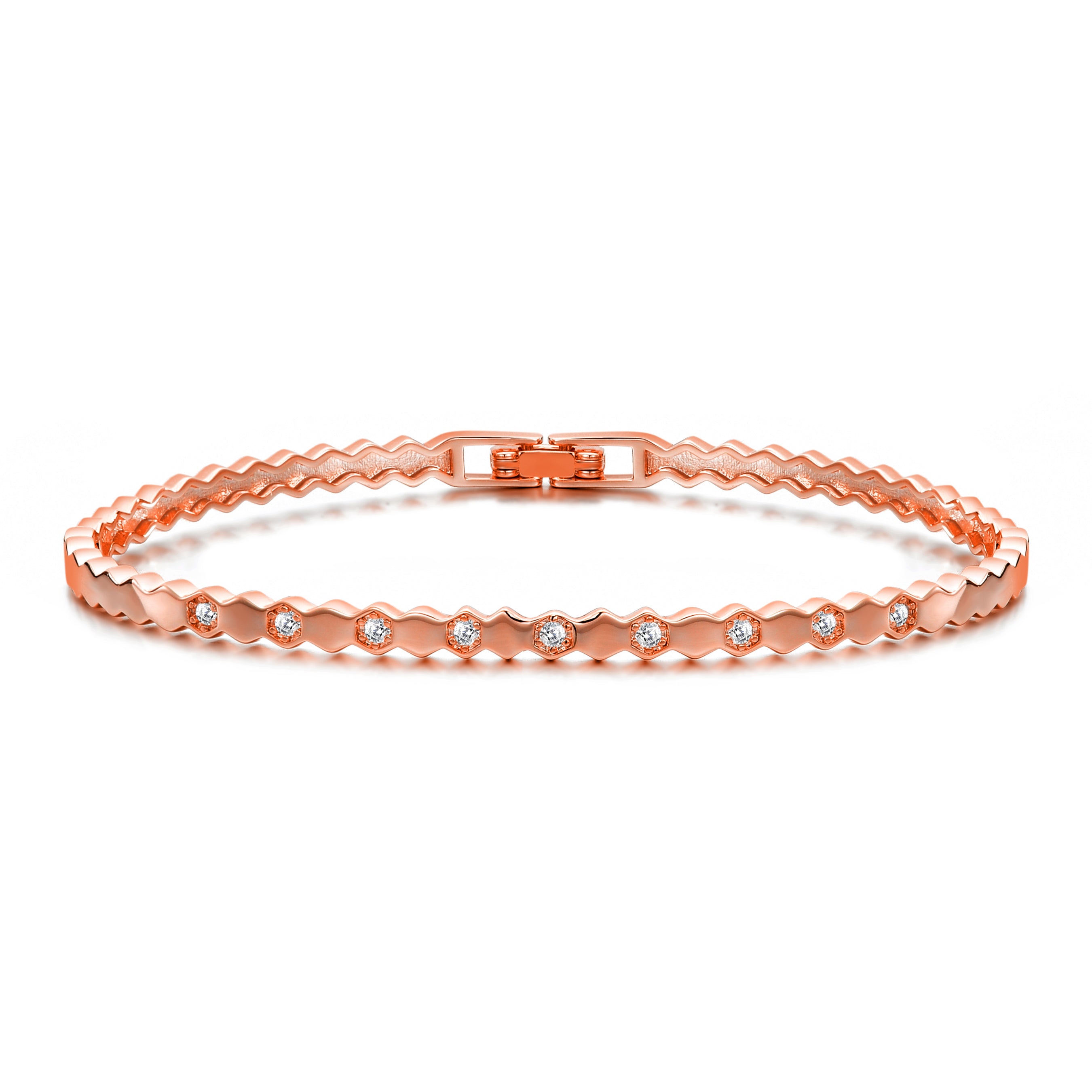Rose Gold Plated Honeycomb Bangle Created with Zircondia® Crystals by Philip Jones Jewellery