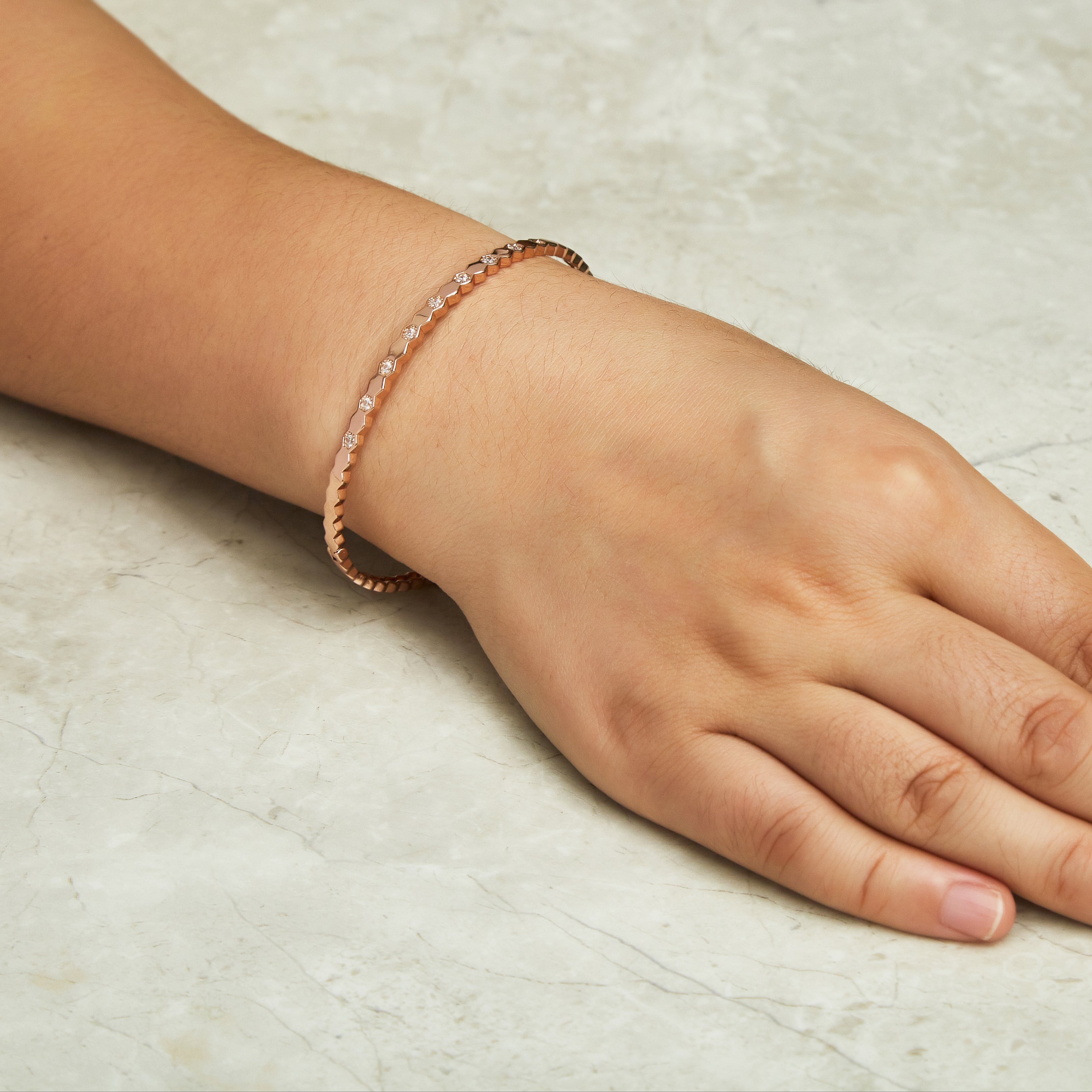 Rose Gold Plated Honeycomb Bangle Created with Zircondia® Crystals