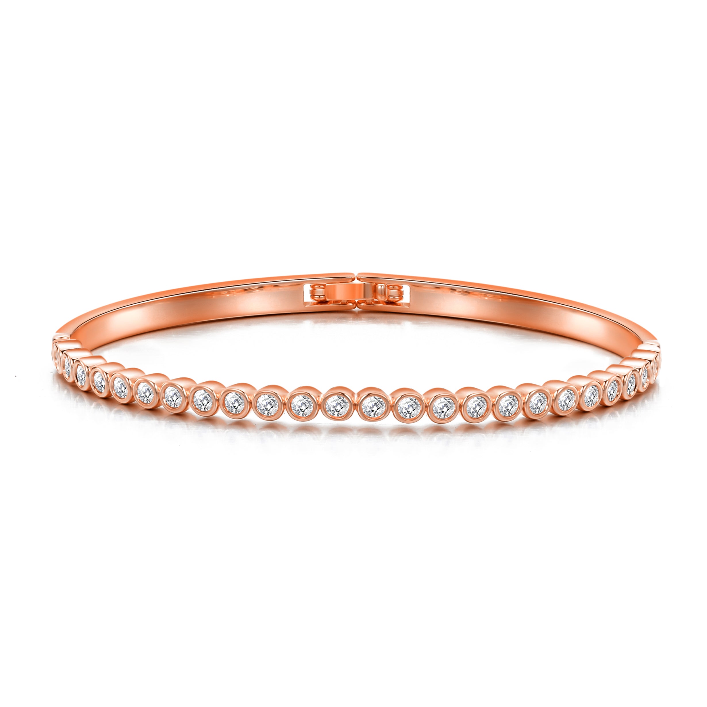 Rose Gold Plated Tennis Bangle Created with Zircondia® Crystals by Philip Jones Jewellery