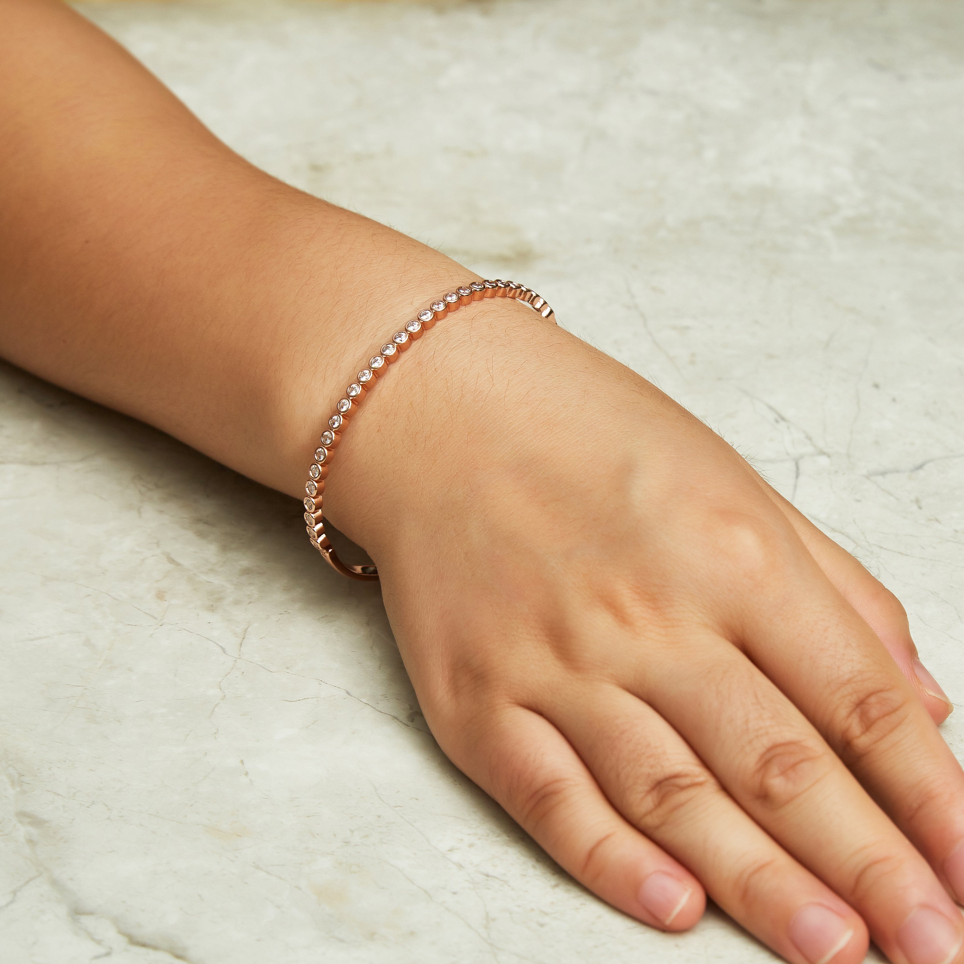 Rose Gold Plated Tennis Bangle Created with Zircondia® Crystals