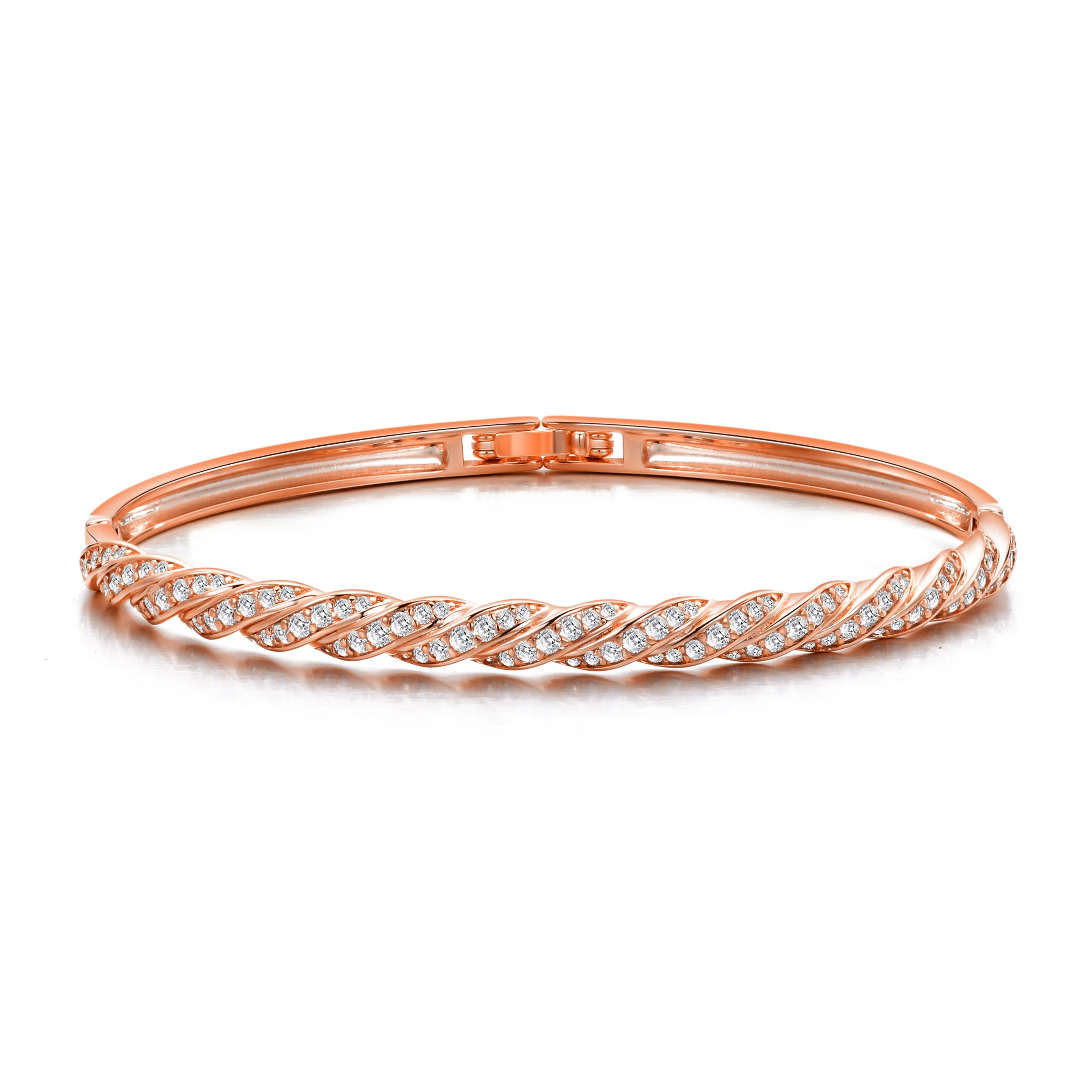 Rose Gold Plated Twist Bangle Created with Zircondia® Crystals by Philip Jones Jewellery