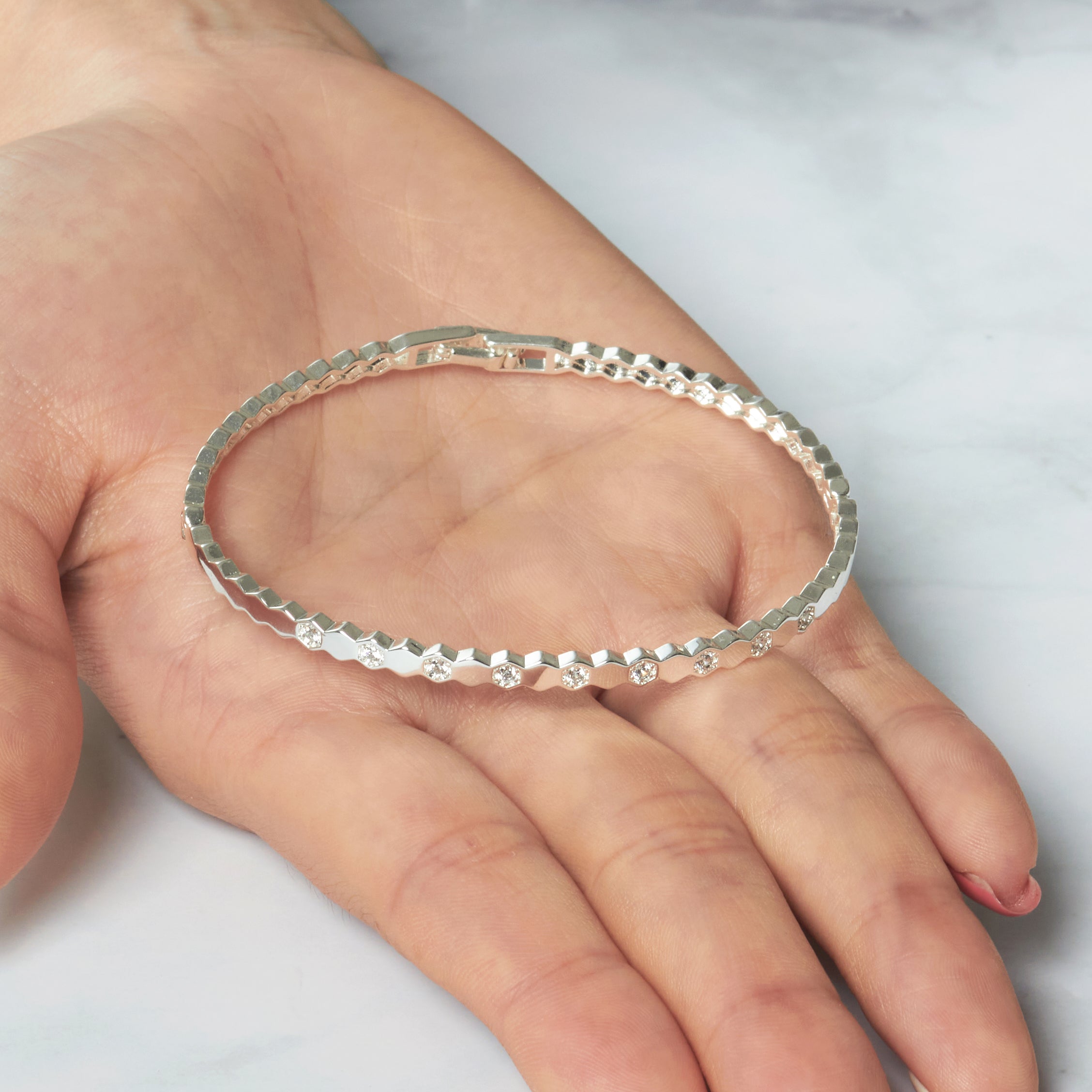 Silver Plated Honeycomb Bangle Created with Zircondia® Crystals