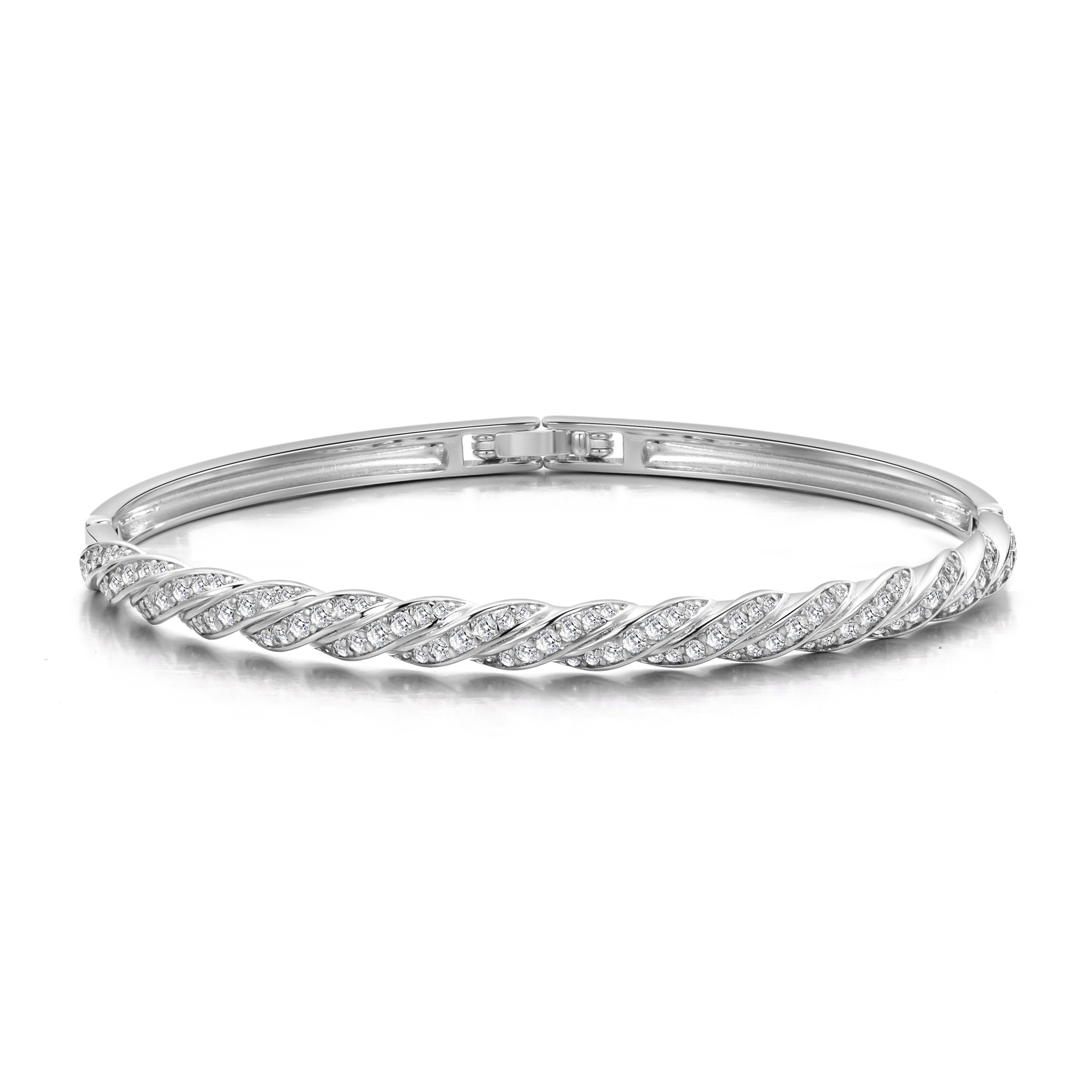Silver Plated Twist Bangle Created with Zircondia® Crystals