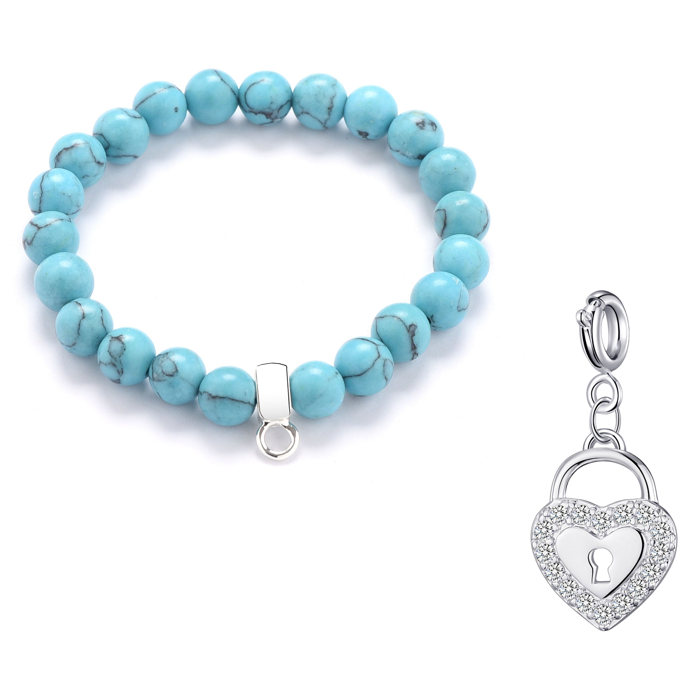 Synthetic Turquoise Gemstone Stretch Bracelet with Charm Created with Zircondia® Crystals