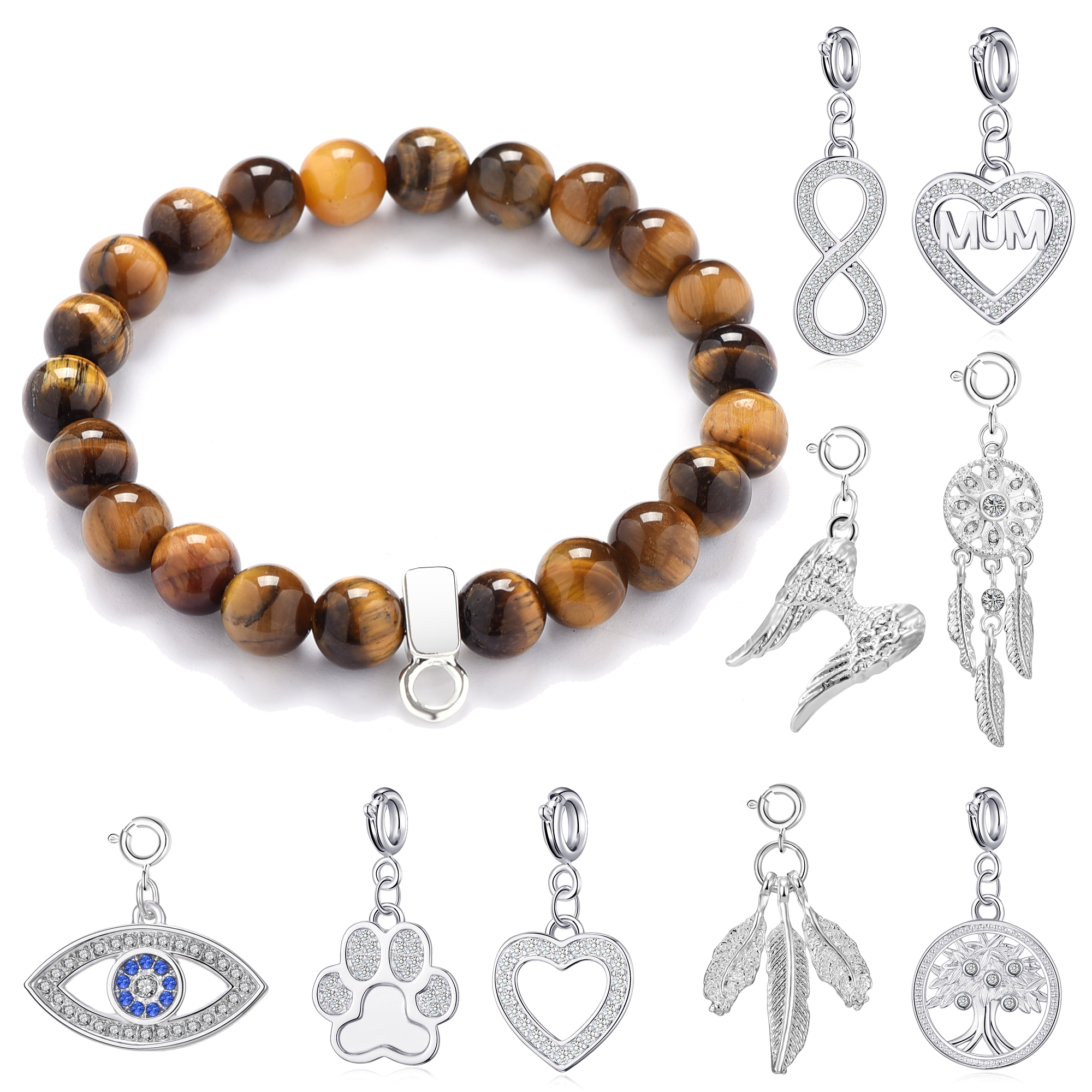 Tiger's Eye Gemstone Charm Stretch Bracelet with Charm Created with Zircondia® Crystals by Philip Jones Jewellery