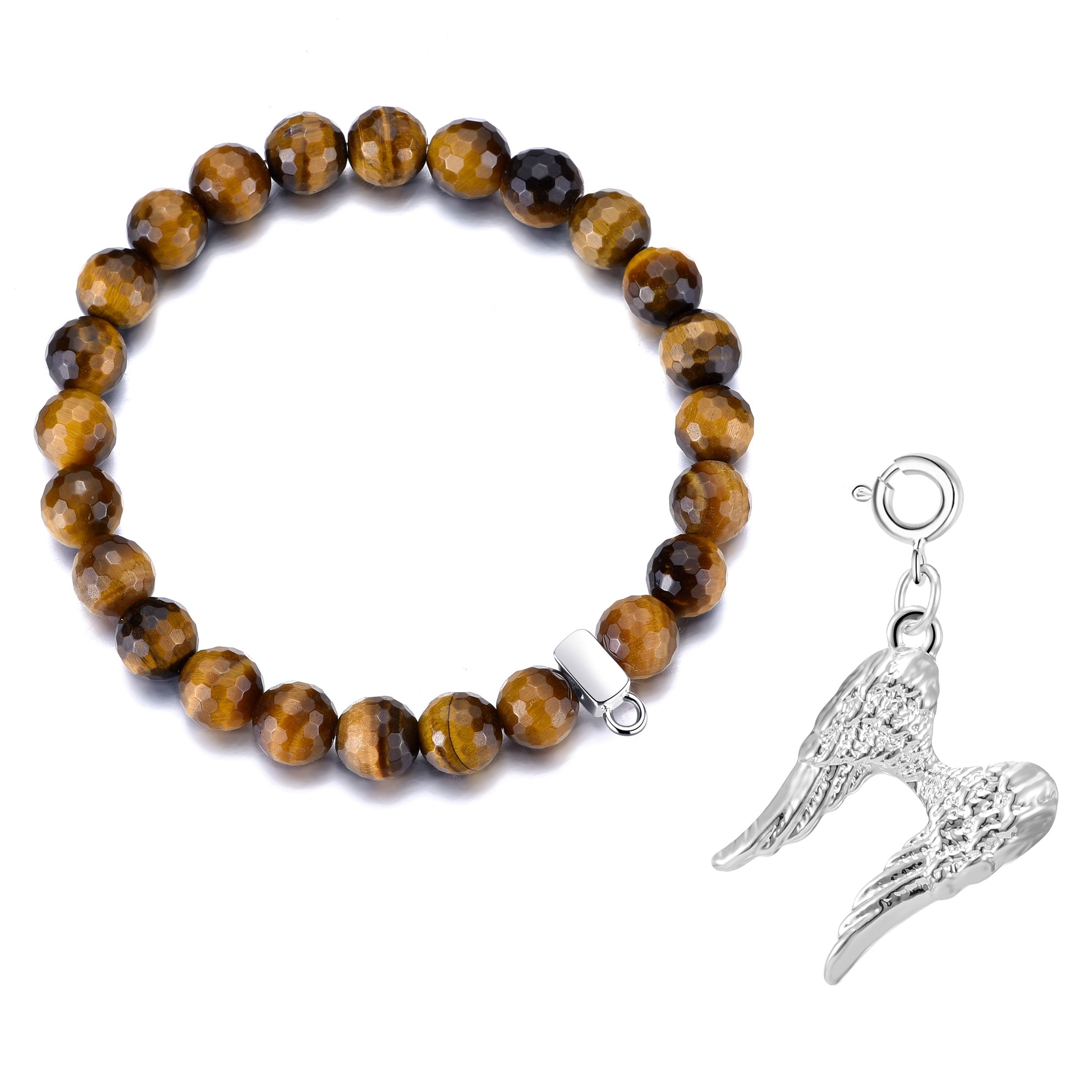 Faceted Tiger's Eye Gemstone Stretch Bracelet with Charm Created with Zircondia® Crystals