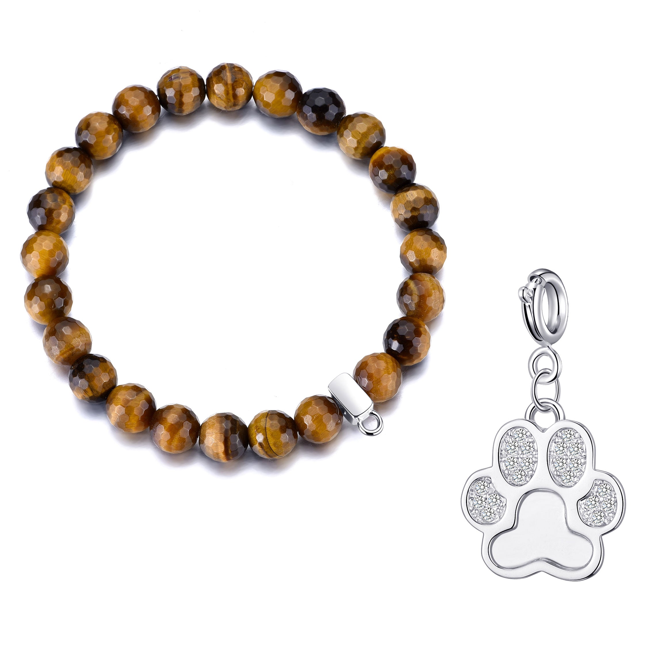 Faceted Tiger's Eye Gemstone Stretch Bracelet with Charm Created with Zircondia® Crystals