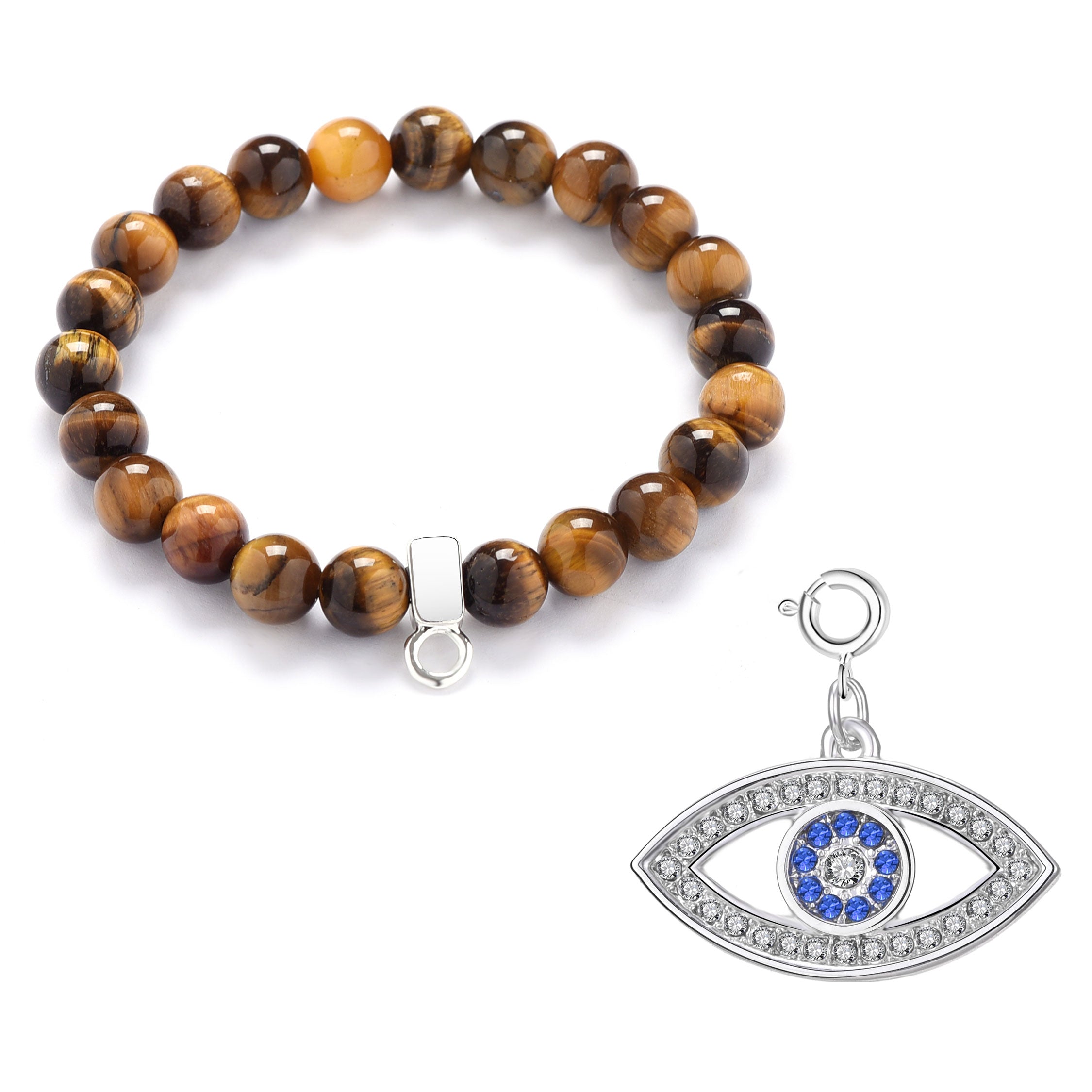 Tiger's Eye Gemstone Charm Stretch Bracelet with Charm Created with Zircondia® Crystals
