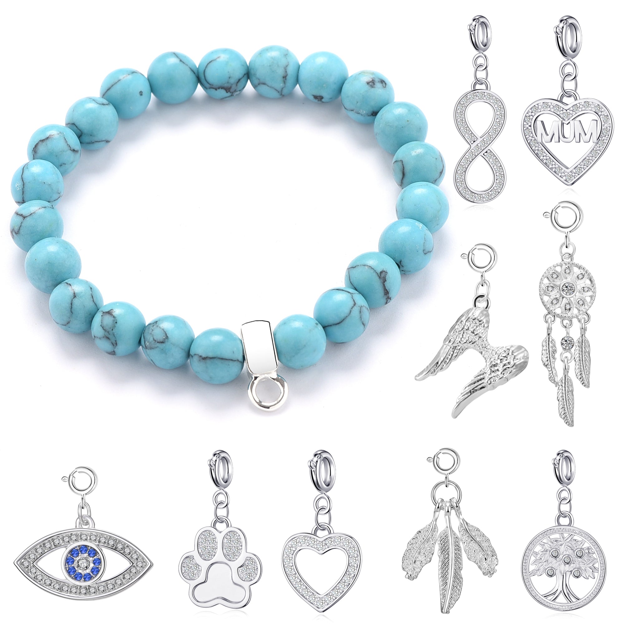 Synthetic Turquoise Gemstone Stretch Bracelet with Charm Created with Zircondia® Crystals by Philip Jones Jewellery