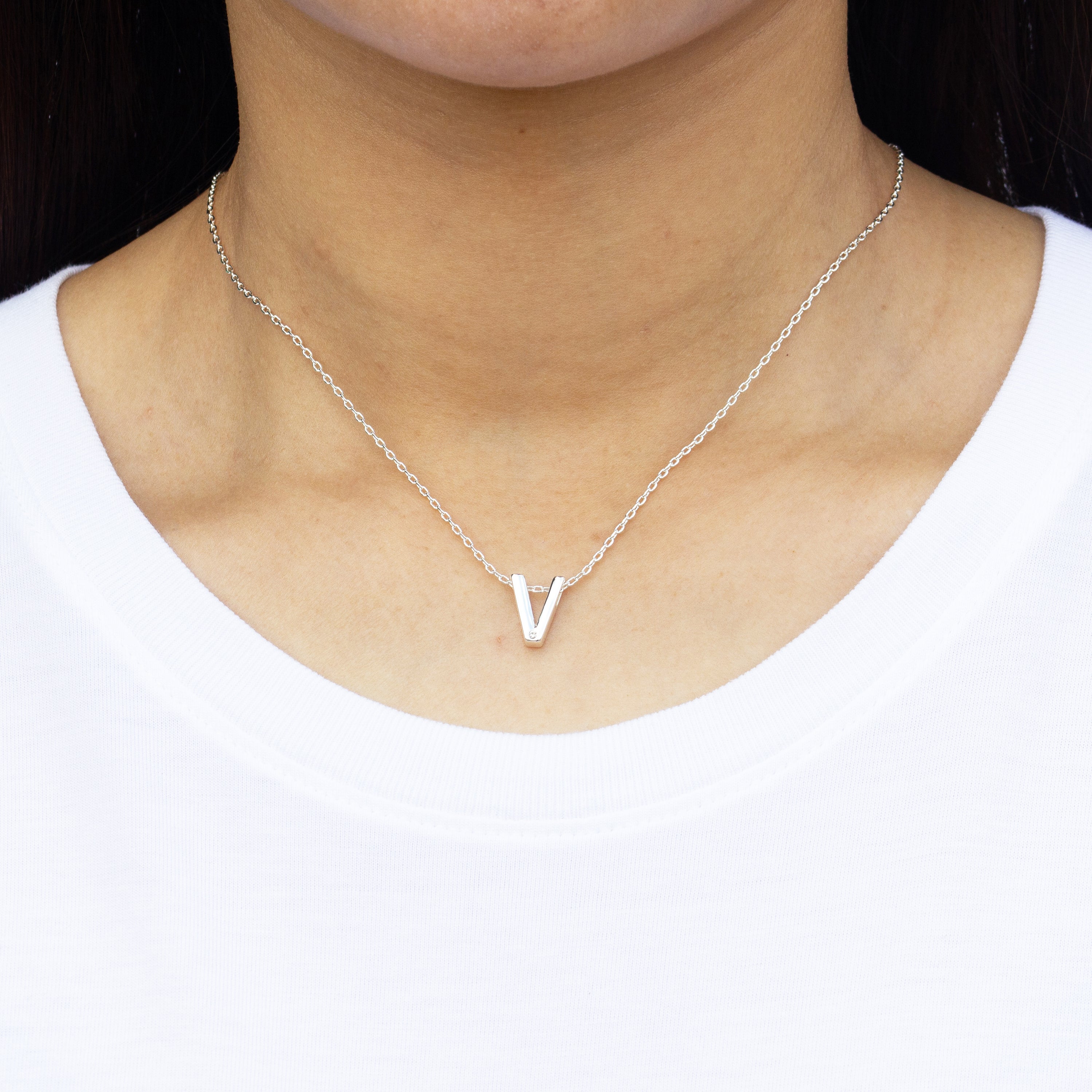 Initial Necklace Letter V Created with Zircondia® Crystals