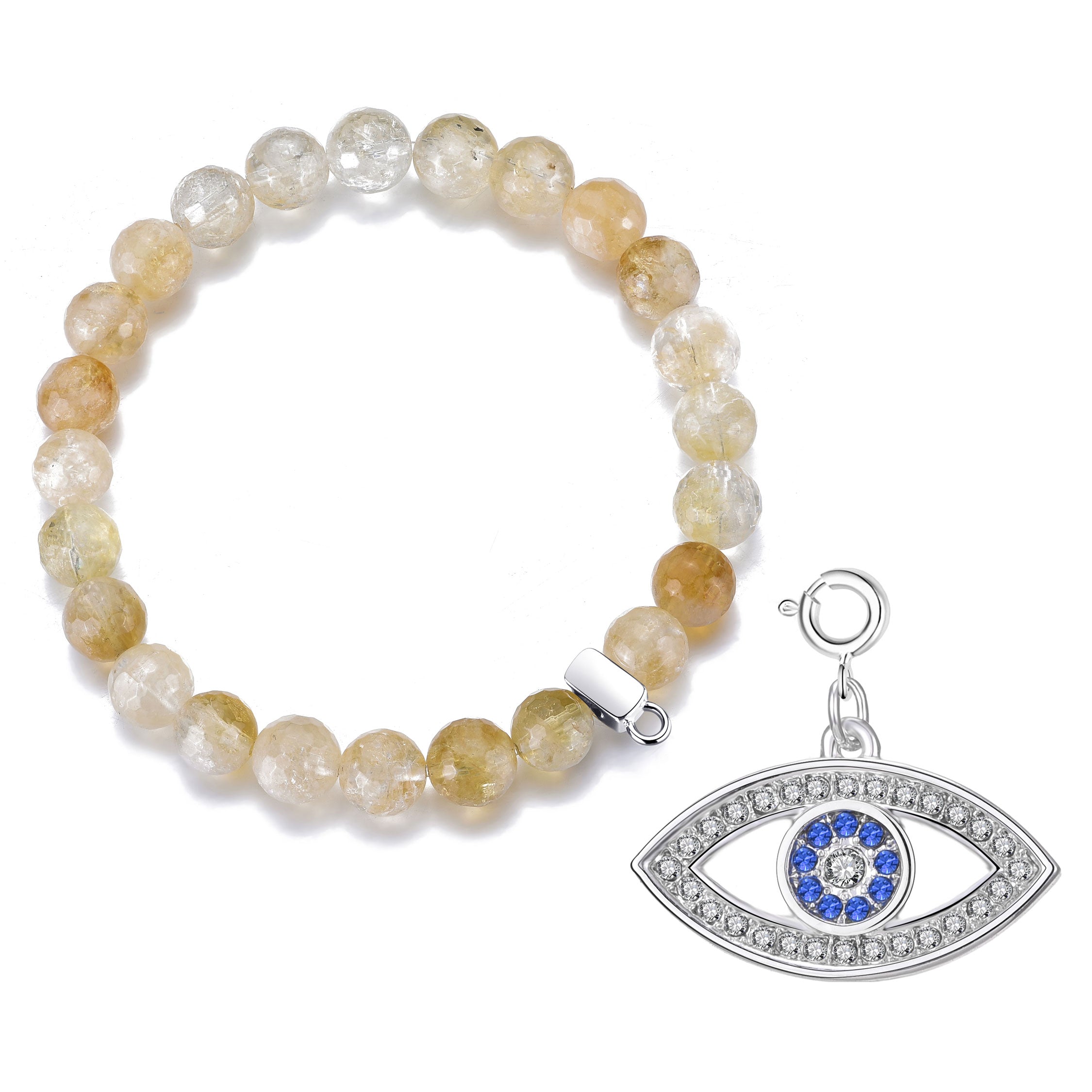 Faceted Yellow Quartz Gemstone Stretch Bracelet with Charm Created with Zircondia® Crystals