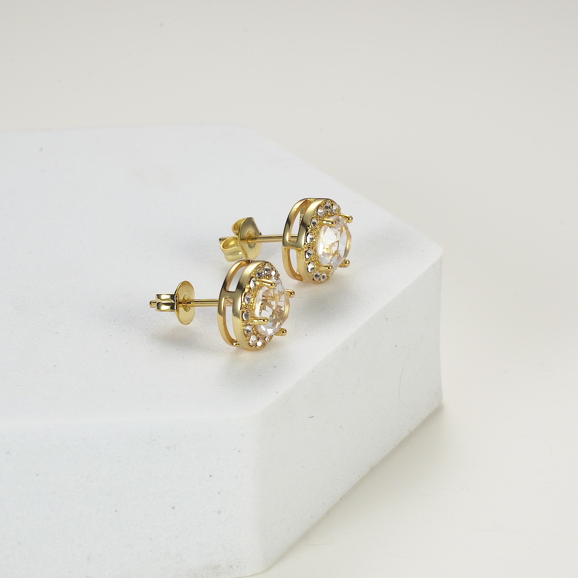 Gold Plated Halo Earrings Created with Zircondia® Crystals Video