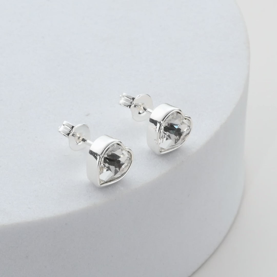 Silver Plated Bezel set Heart Earrings Created with Zircondia® Crystals Video