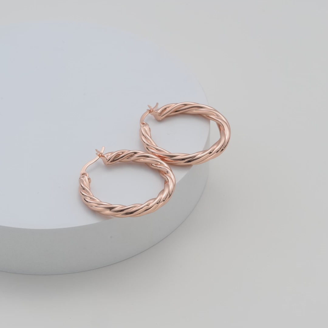 Rose Gold Plated Thick Twisted Hoop Earrings Video