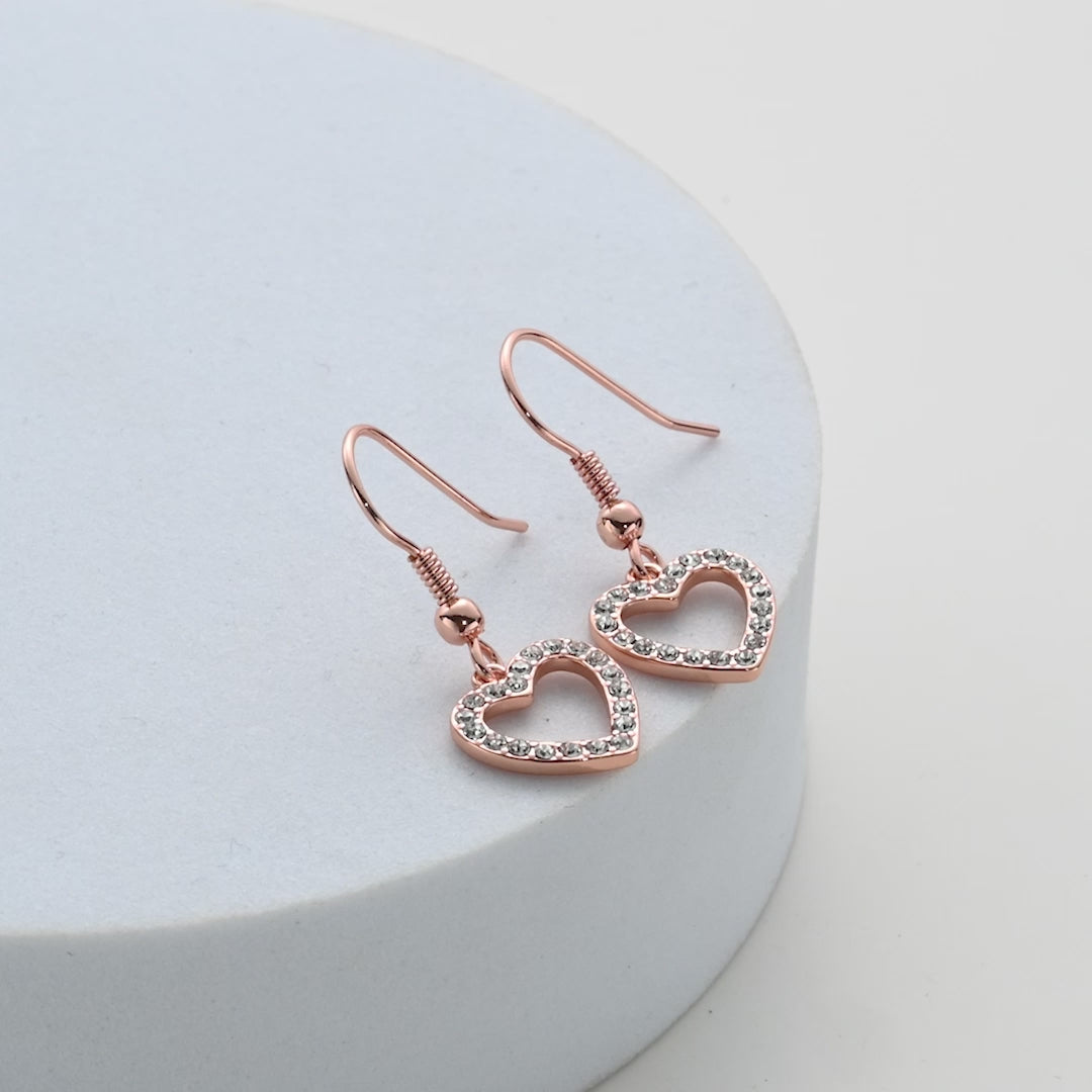 Rose Gold Plated Open Heart Drop Earrings Created with Zircondia® Crystals Video