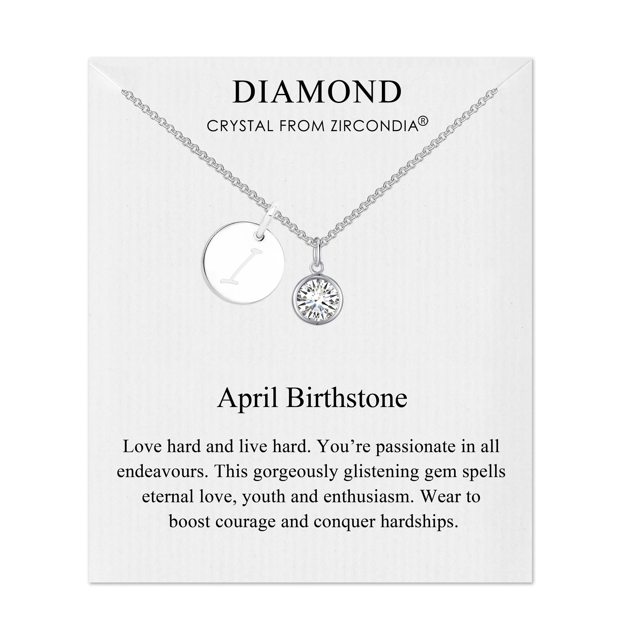 April (Diamond) Birthstone Necklace with Initial Charm (A to Z) Created with Zircondia® Crystals - Philip Jones Jewellery