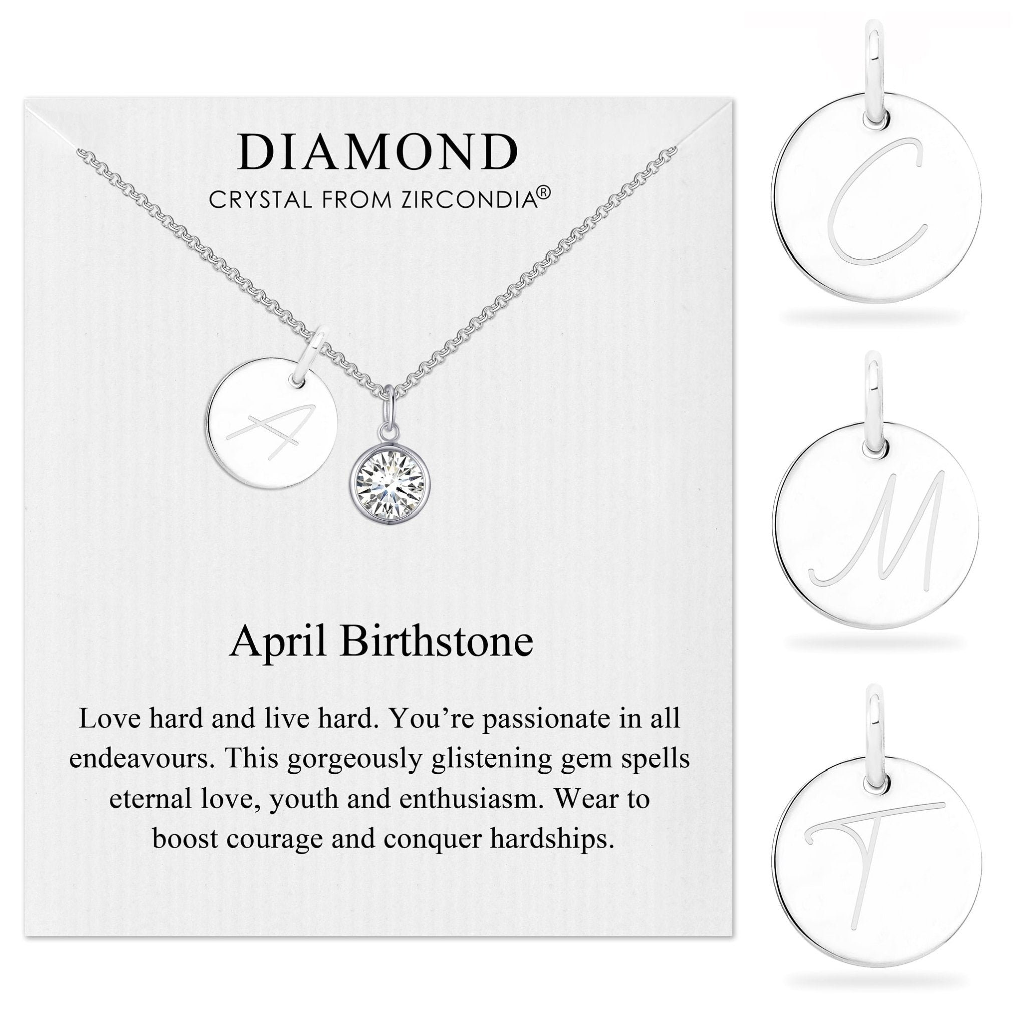 April (Diamond) Birthstone Necklace with Initial Charm (A to Z) Created with Zircondia® Crystals - Philip Jones Jewellery