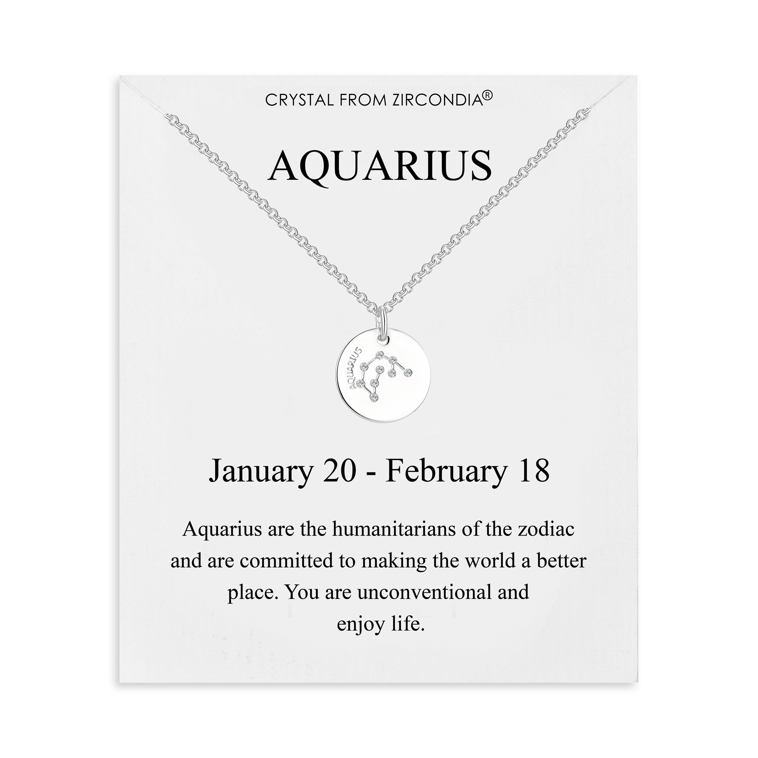 Aquarius Zodiac Star Sign Disc Necklace Created with Zircondia® Crystals by Philip Jones Jewellery