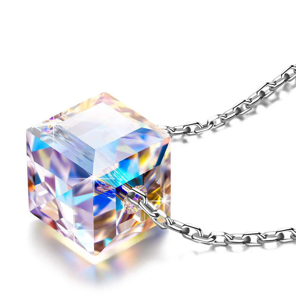 Sterling Silver Aurora Borealis Cube Necklace Created with Zircondia® Crystals by Philip Jones Jewellery