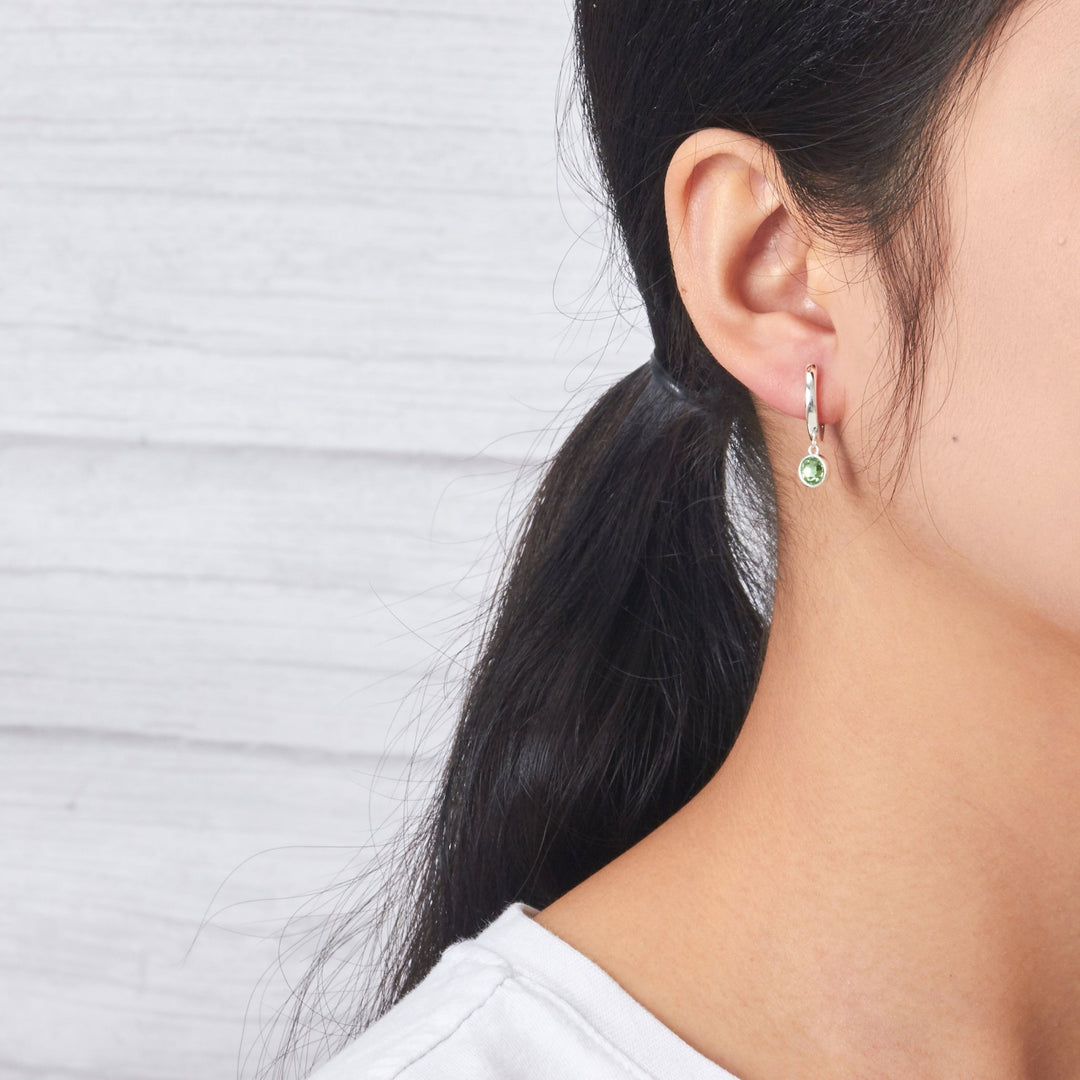 August Birthstone Hoop Earrings Created with Peridot Zircondia® Crystals - Philip Jones Jewellery