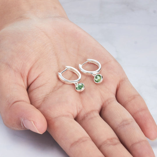 August Birthstone Hoop Earrings Created with Peridot Zircondia® Crystals - Philip Jones Jewellery