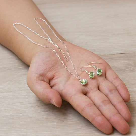 August (Peridot) Birthstone Necklace & Drop Earrings Set Created with Zircondia® Crystals - Philip Jones Jewellery