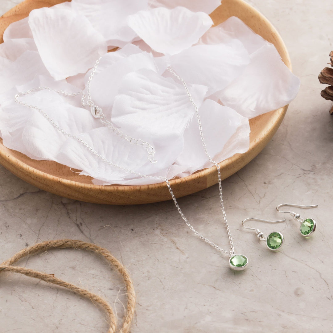 August (Peridot) Birthstone Necklace & Drop Earrings Set Created with Zircondia® Crystals - Philip Jones Jewellery