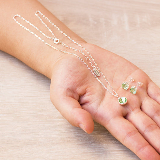 August (Peridot) Birthstone Necklace & Earrings Set Created with Zircondia® Crystals - Philip Jones Jewellery