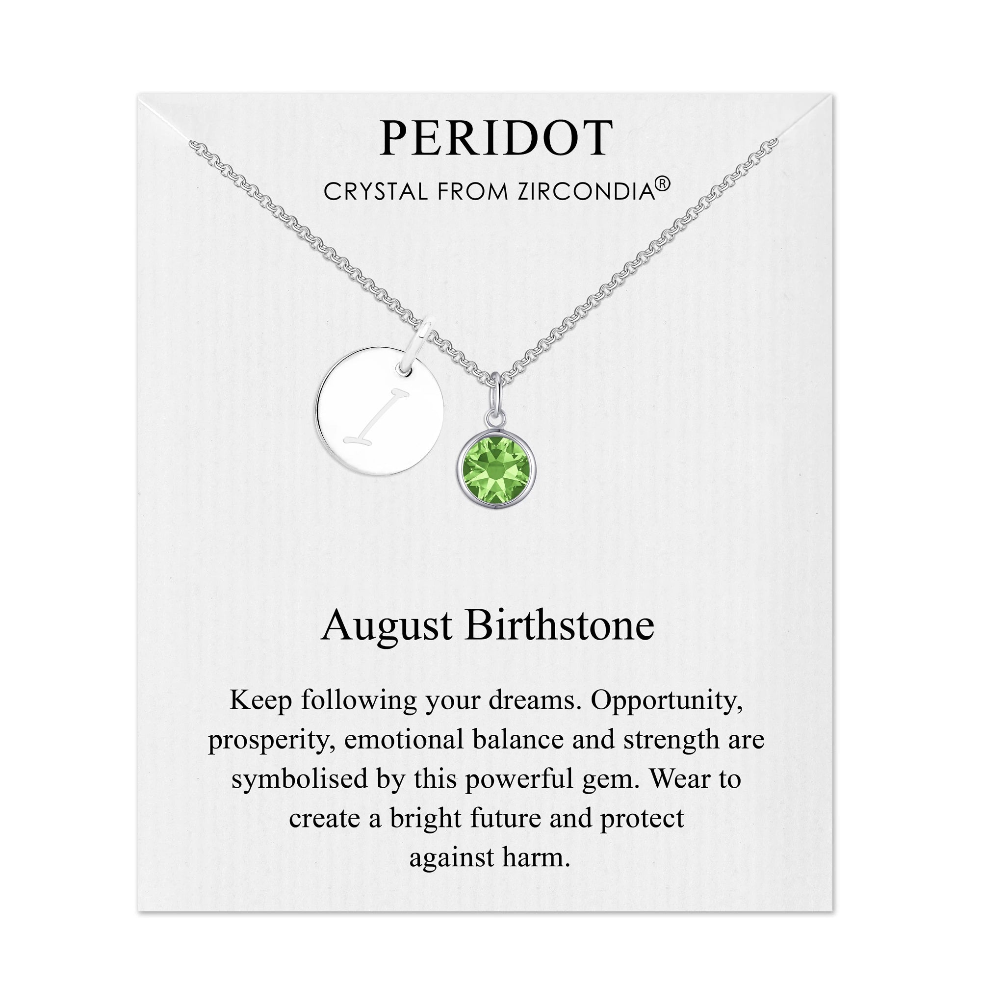 August (Peridot) Birthstone Necklace with Initial Charm (A to Z) Created with Zircondia® Crystals - Philip Jones Jewellery