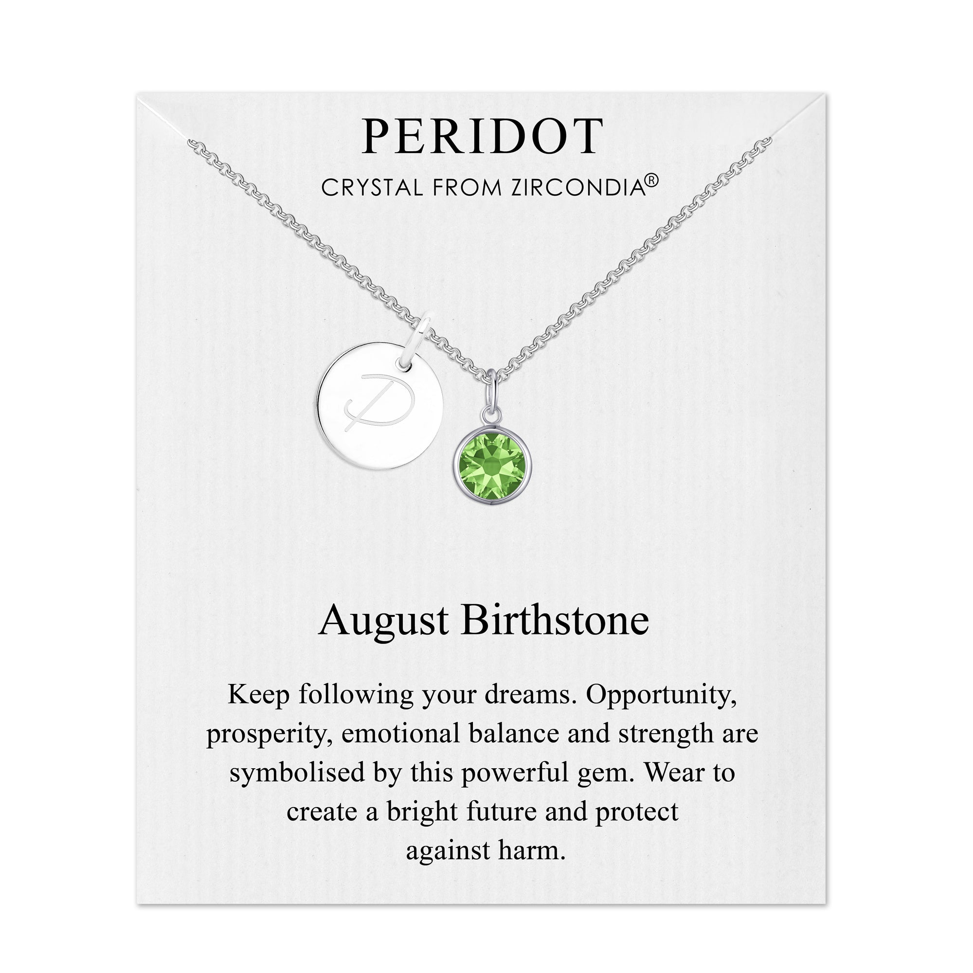 August (Peridot) Birthstone Necklace with Initial Charm (A to Z) Created with Zircondia® Crystals - Philip Jones Jewellery