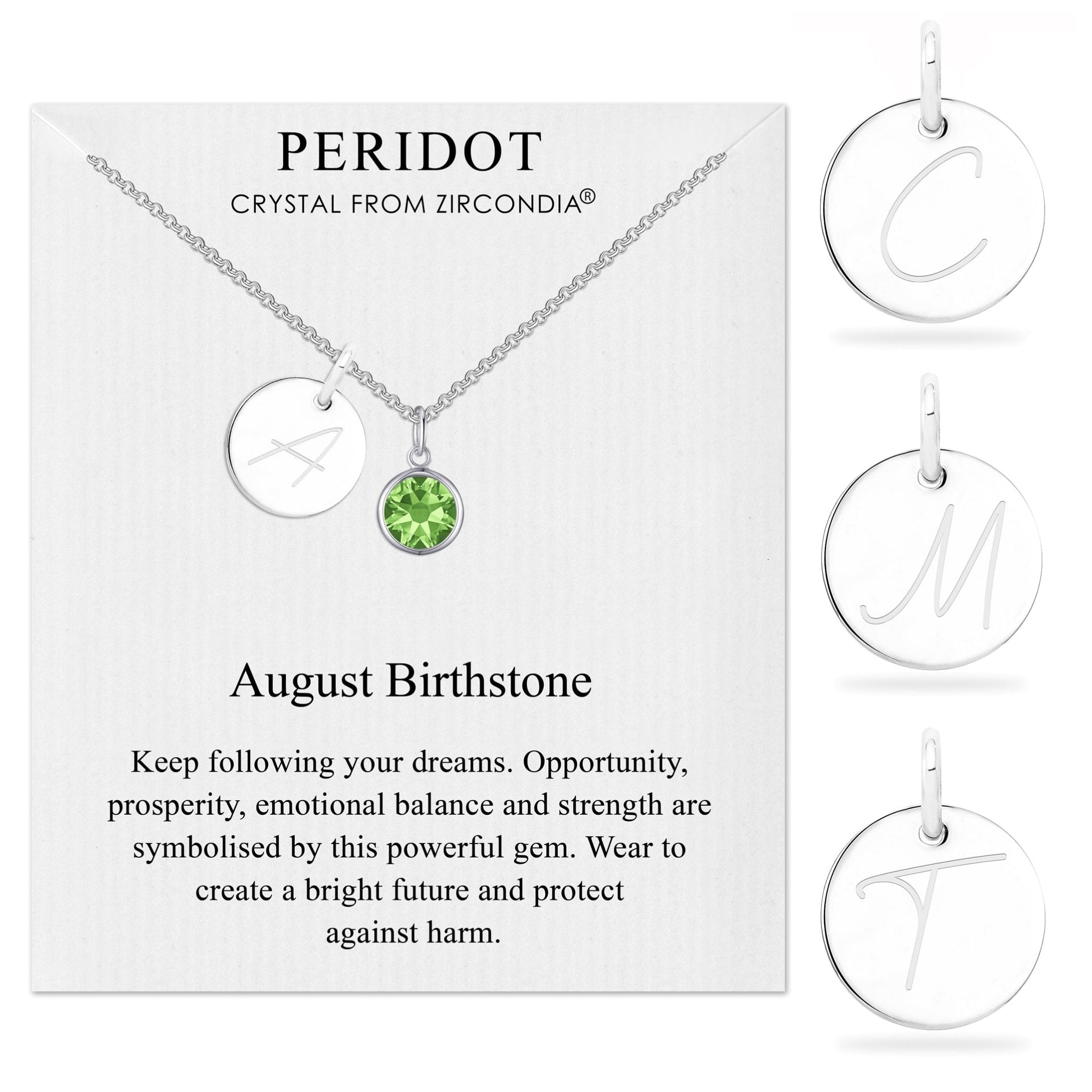 August (Peridot) Birthstone Necklace with Initial Charm (A to Z) Created with Zircondia® Crystals - Philip Jones Jewellery