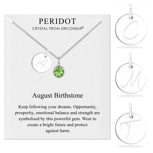 August (Peridot) Birthstone Necklace with Initial Charm (A to Z) Created with Zircondia® Crystals - Philip Jones Jewellery