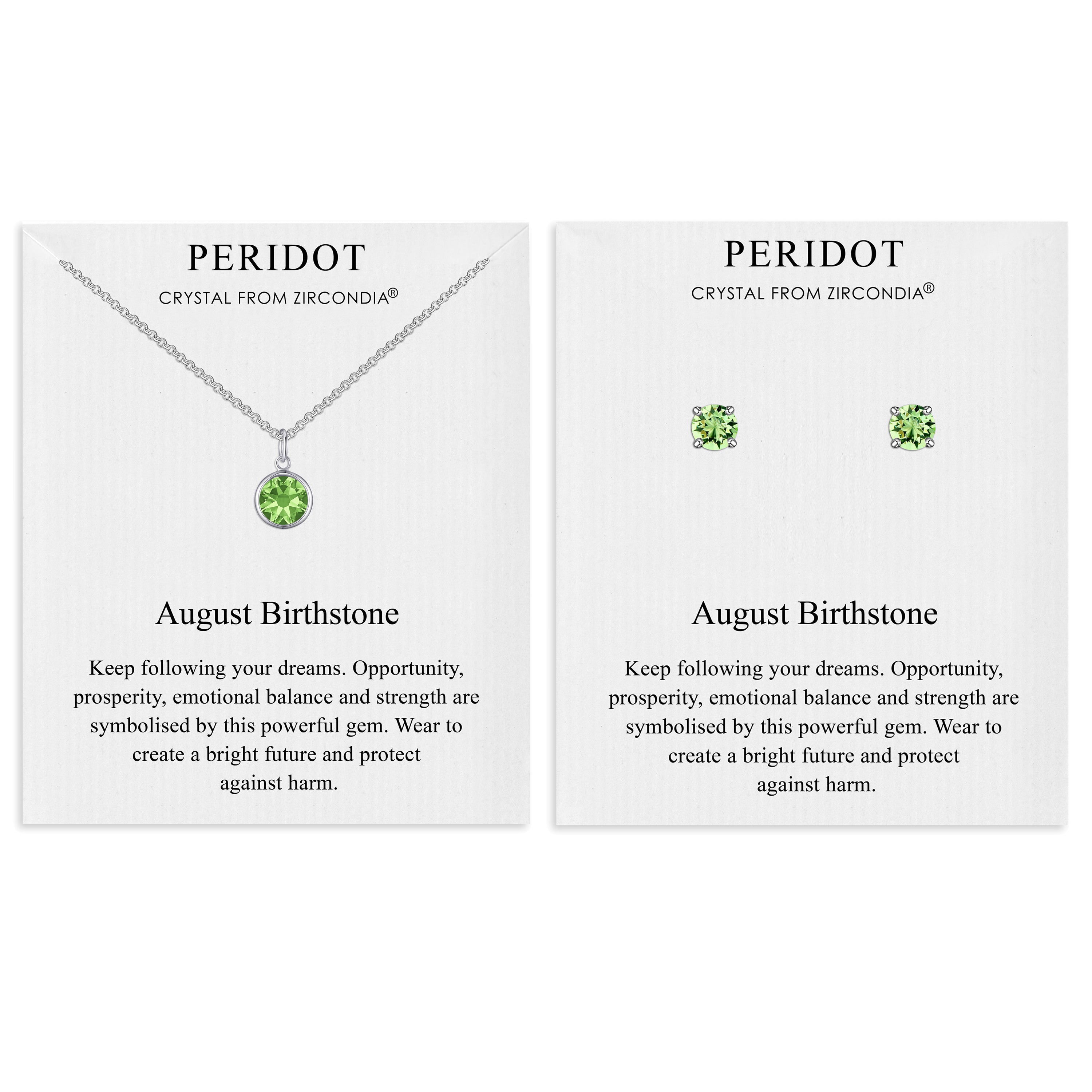 August (Peridot) Birthstone Necklace & Earrings Set Created with Zircondia® Crystals by Philip Jones Jewellery