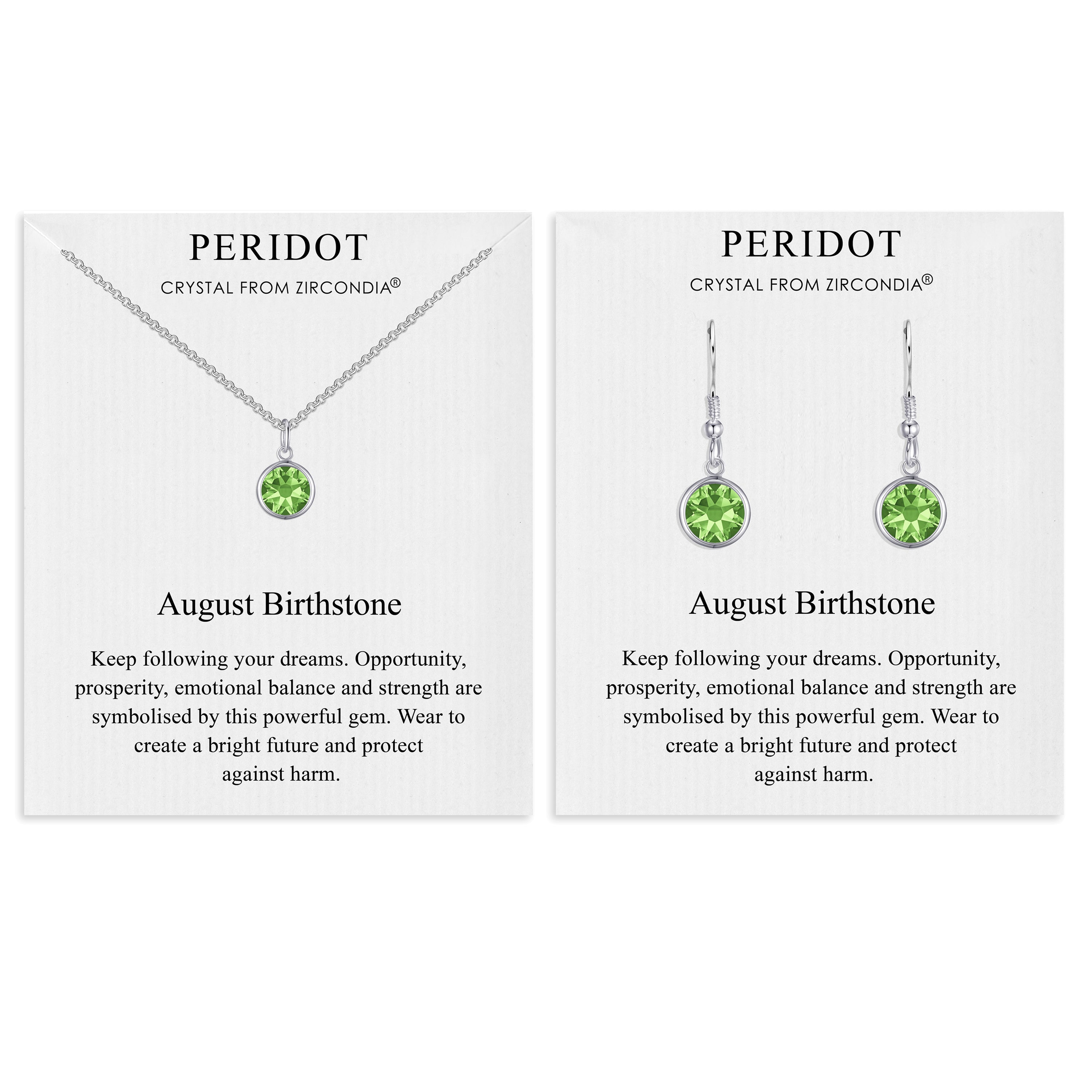 August (Peridot) Birthstone Necklace & Drop Earrings Set Created with Zircondia® Crystals by Philip Jones Jewellery