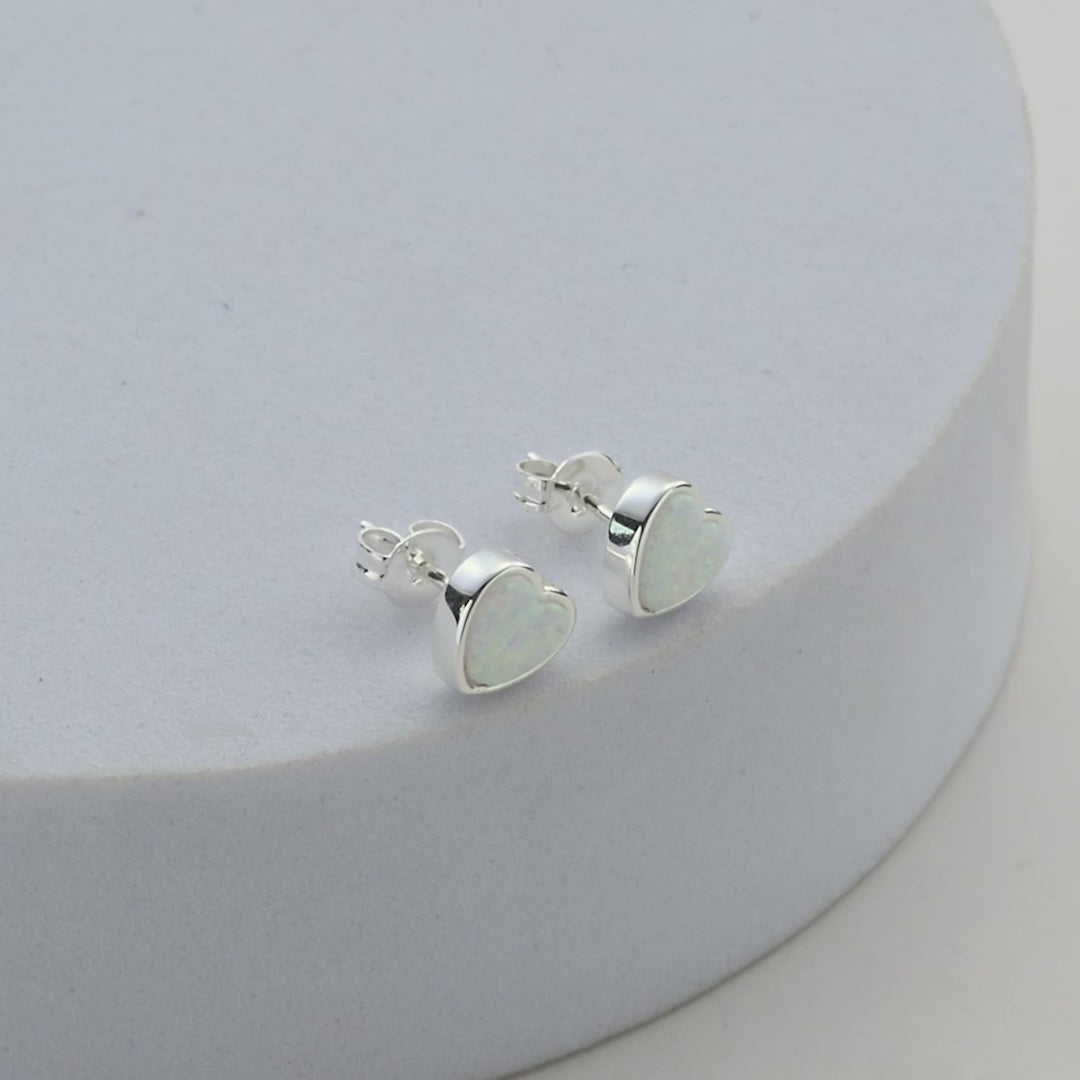 Synthetic White Opal Heart Stud Earrings Video