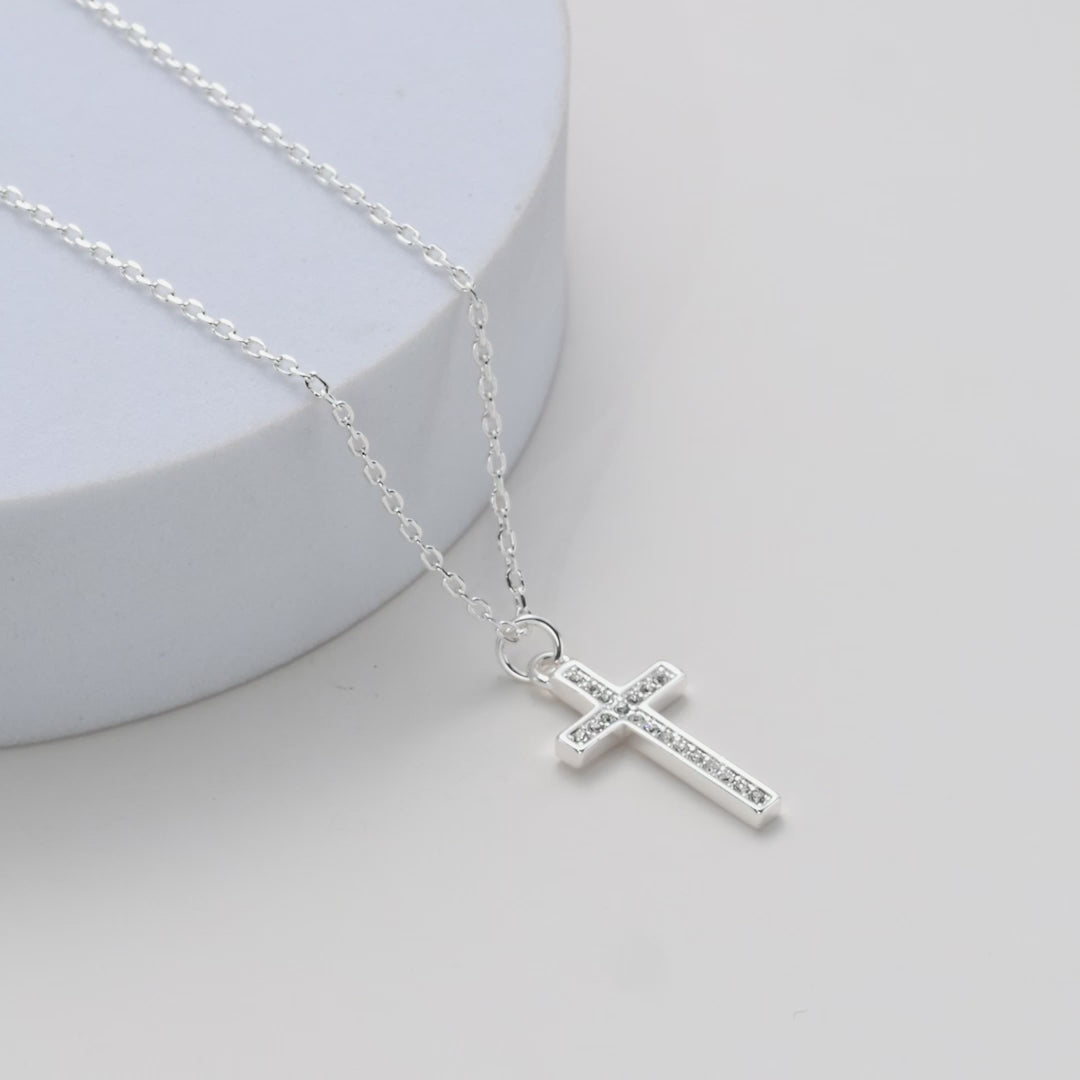 Silver Plated Pave Cross Necklace Created with Zircondia® Crystals Video