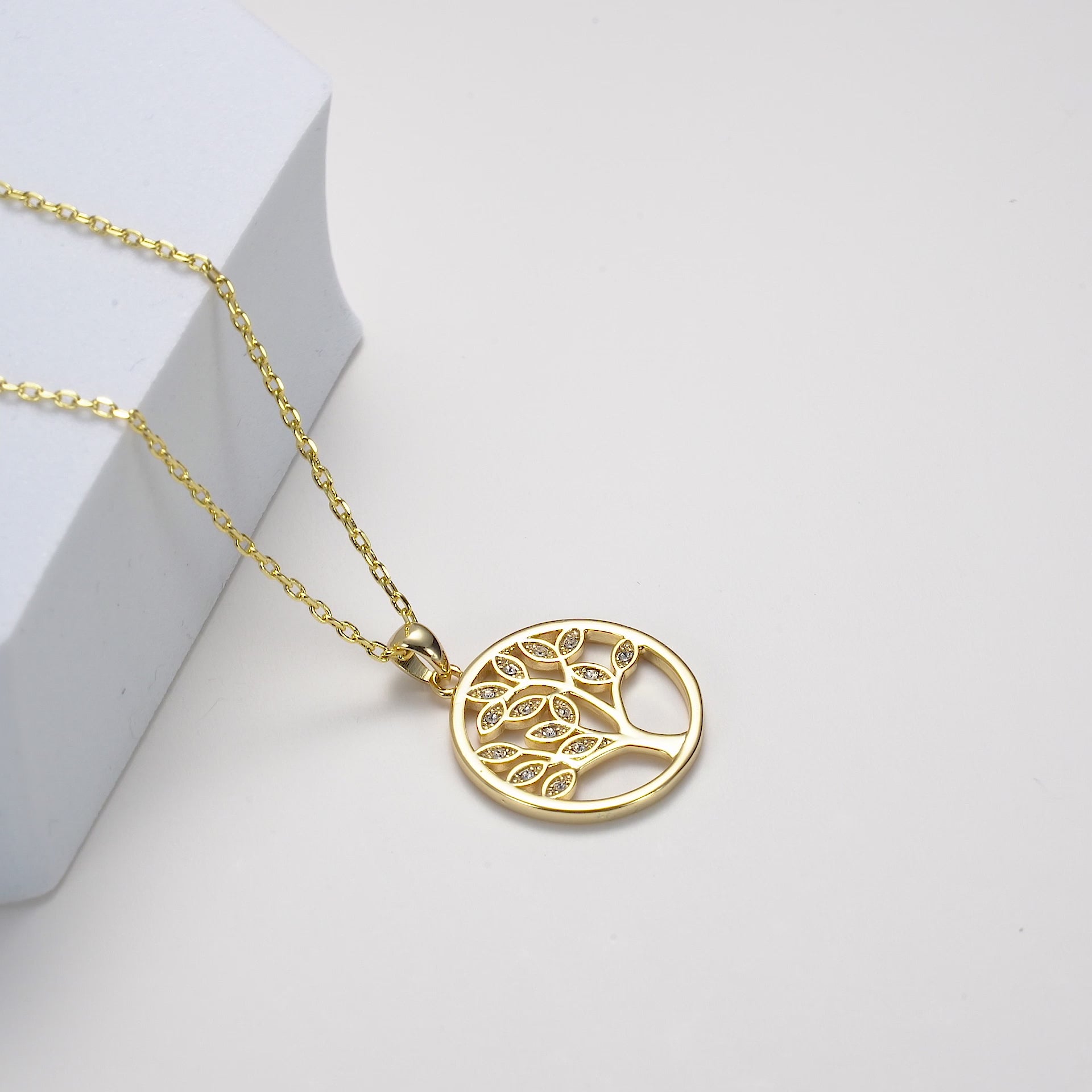 Gold Plated Tree of Life Necklace Created with Zircondia® Crystals Video