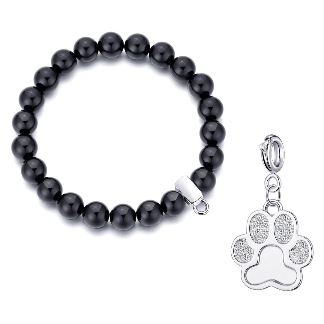 Black Onyx Gemstone Stretch Bracelet with Charm Created with Zircondia® Crystals - Philip Jones Jewellery