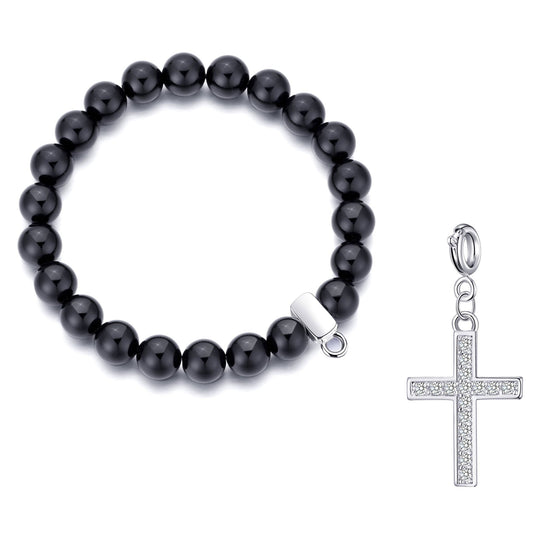 Black Onyx Gemstone Stretch Bracelet with Charm Created with Zircondia® Crystals - Philip Jones Jewellery