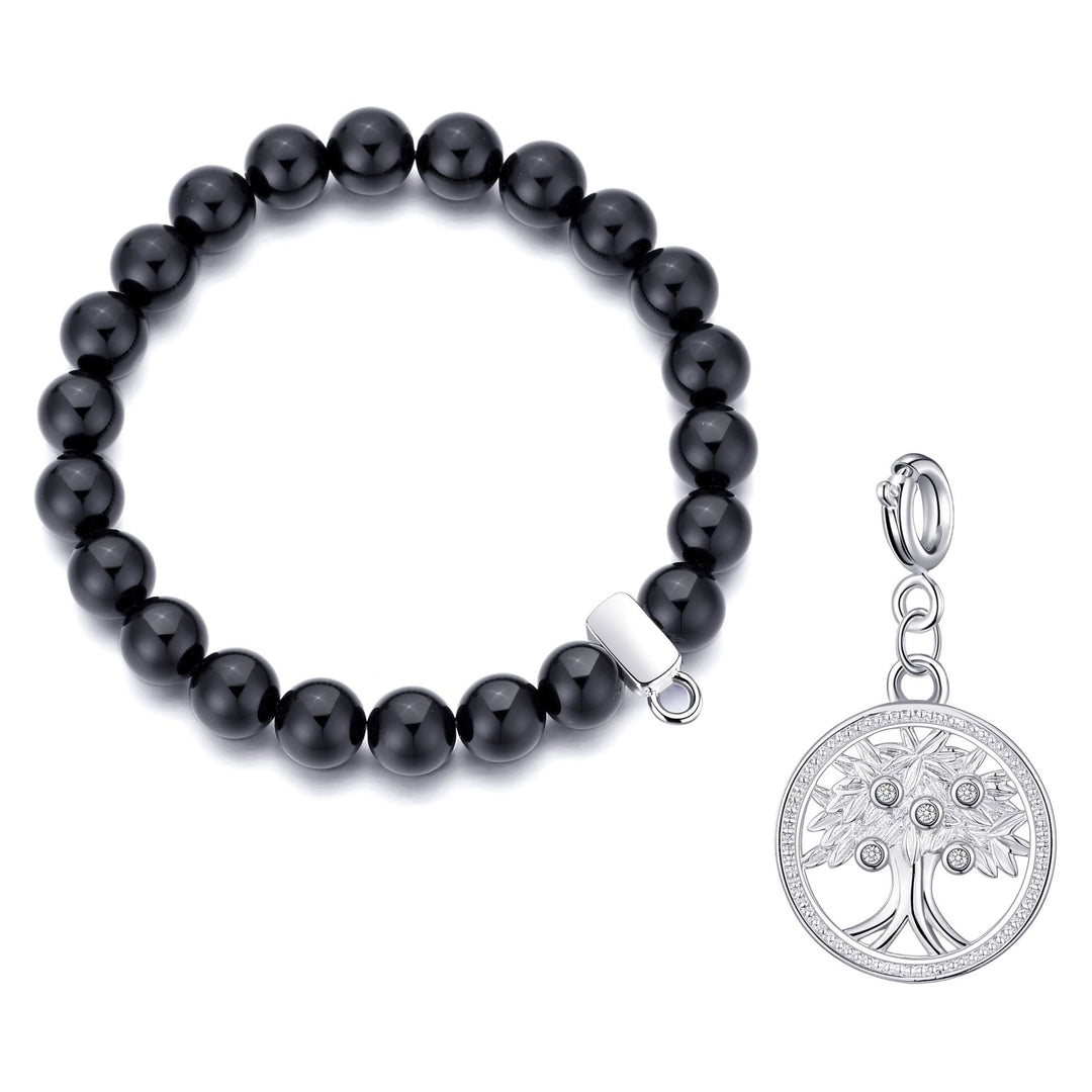 Black Onyx Gemstone Stretch Bracelet with Charm Created with Zircondia® Crystals - Philip Jones Jewellery