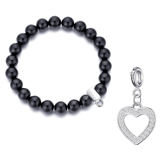 Black Onyx Gemstone Stretch Bracelet with Charm Created with Zircondia® Crystals - Philip Jones Jewellery