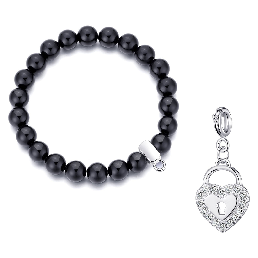 Black Onyx Gemstone Stretch Bracelet with Charm Created with Zircondia® Crystals - Philip Jones Jewellery