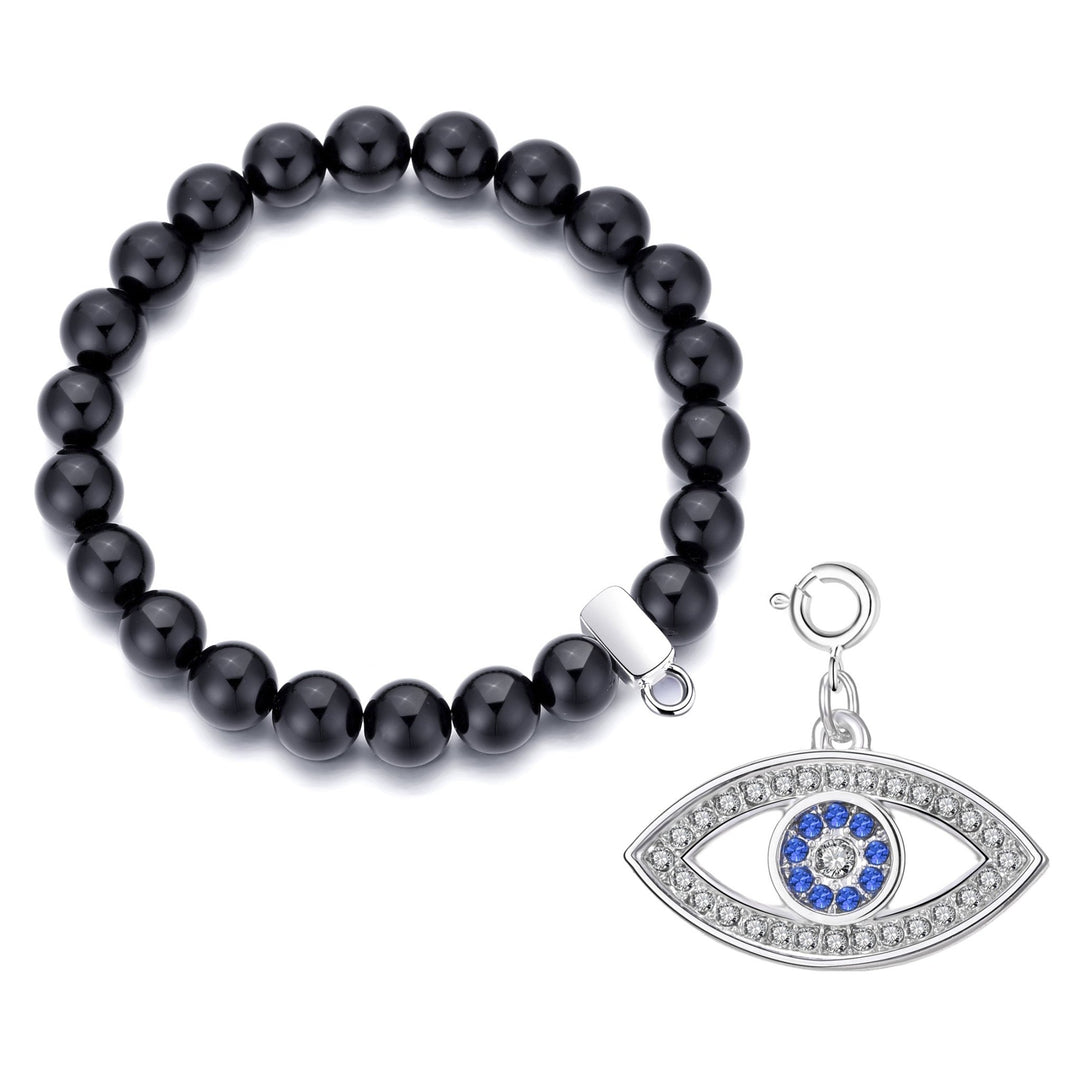 Black Onyx Gemstone Stretch Bracelet with Charm Created with Zircondia® Crystals - Philip Jones Jewellery