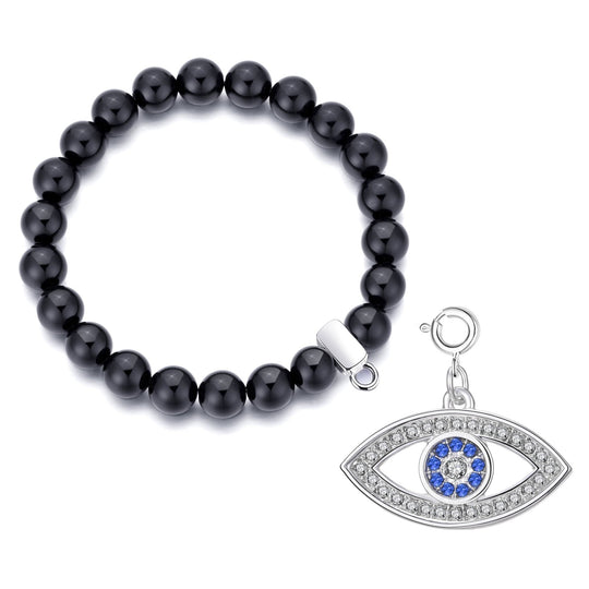 Black Onyx Gemstone Stretch Bracelet with Charm Created with Zircondia® Crystals - Philip Jones Jewellery